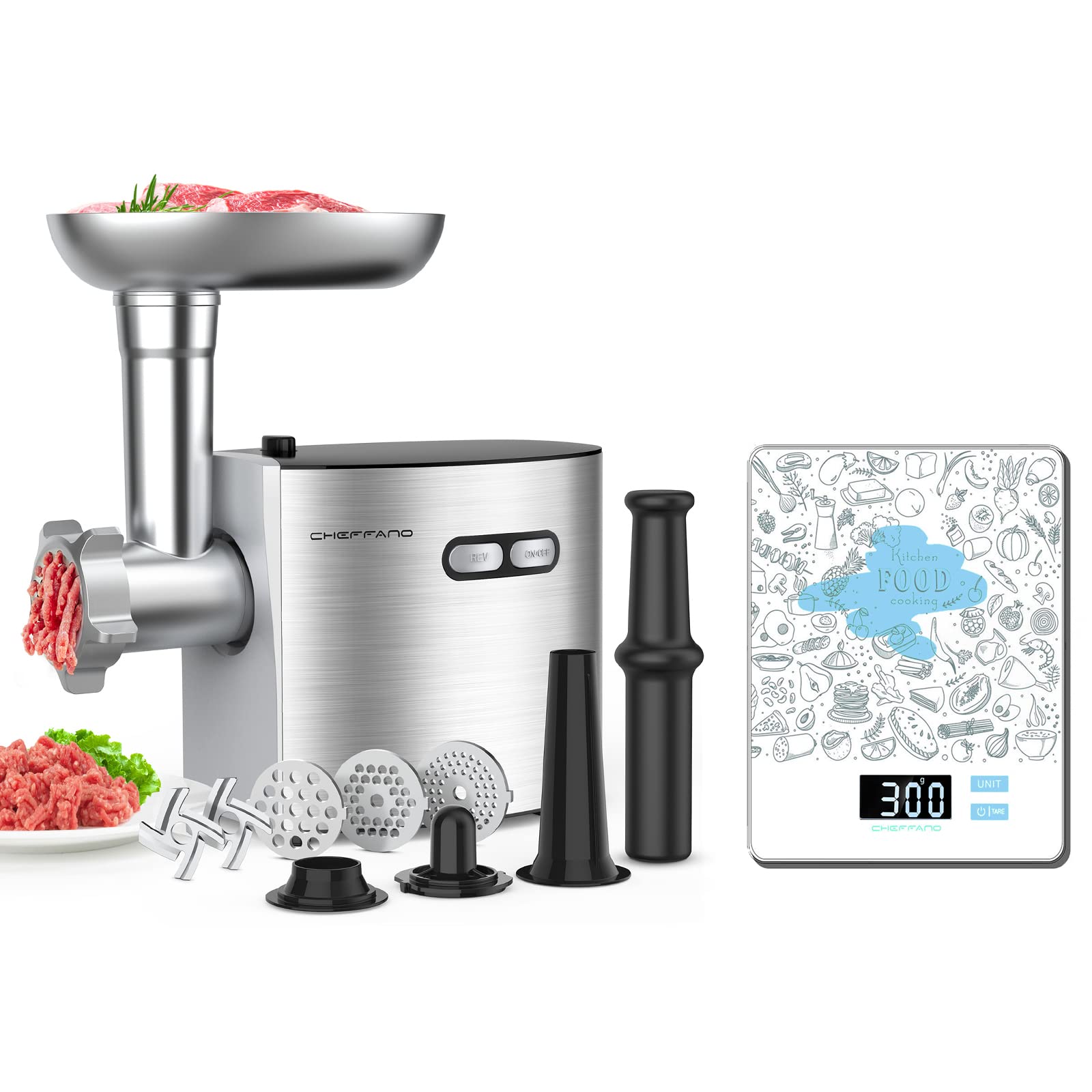 CHEFFANO Electric Meat Grinder with Digital Scale - 3-in-1 Kitchen Appliance for Ground Beef, Sausage & More - Perfect for Home Cooking, BBQ & Meal Prep (White)
