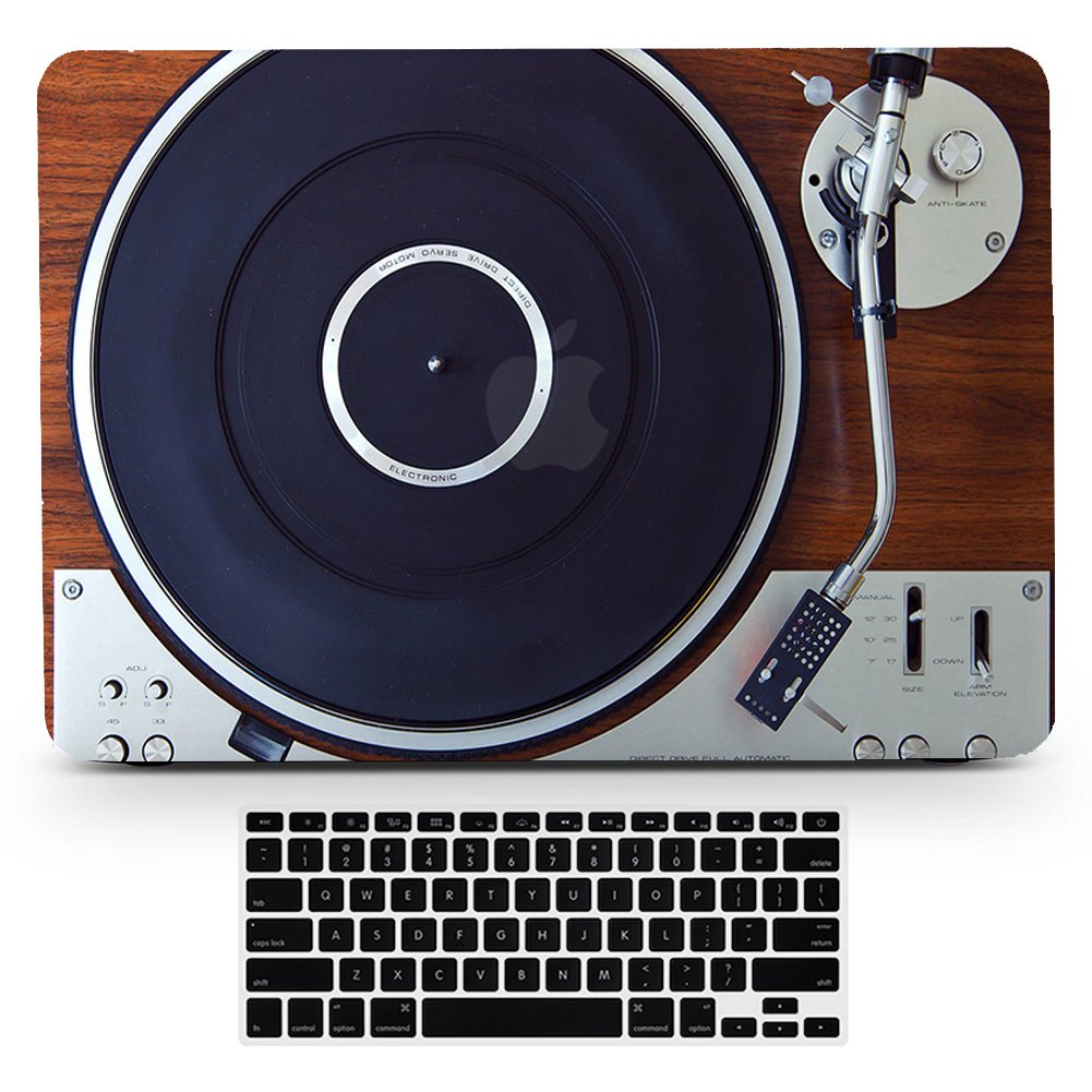 Vintage Wood Music Player Design Hard Rubberized Case & Black Keyboard Cover for MacBook Pro 13