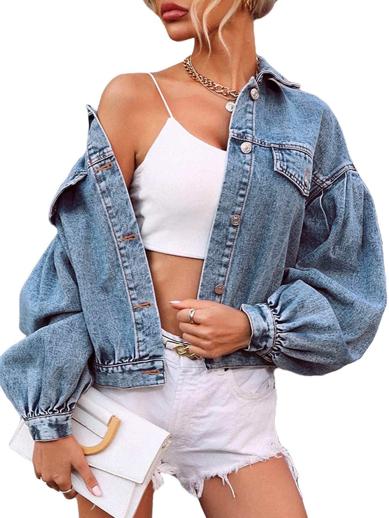 Stylish Women's Denim Jacket - Lantern Sleeve Button Down Jean Jacket for Casual Outfits | Perfect for Spring Layering, Weekend Outings & Streetwear Fashion