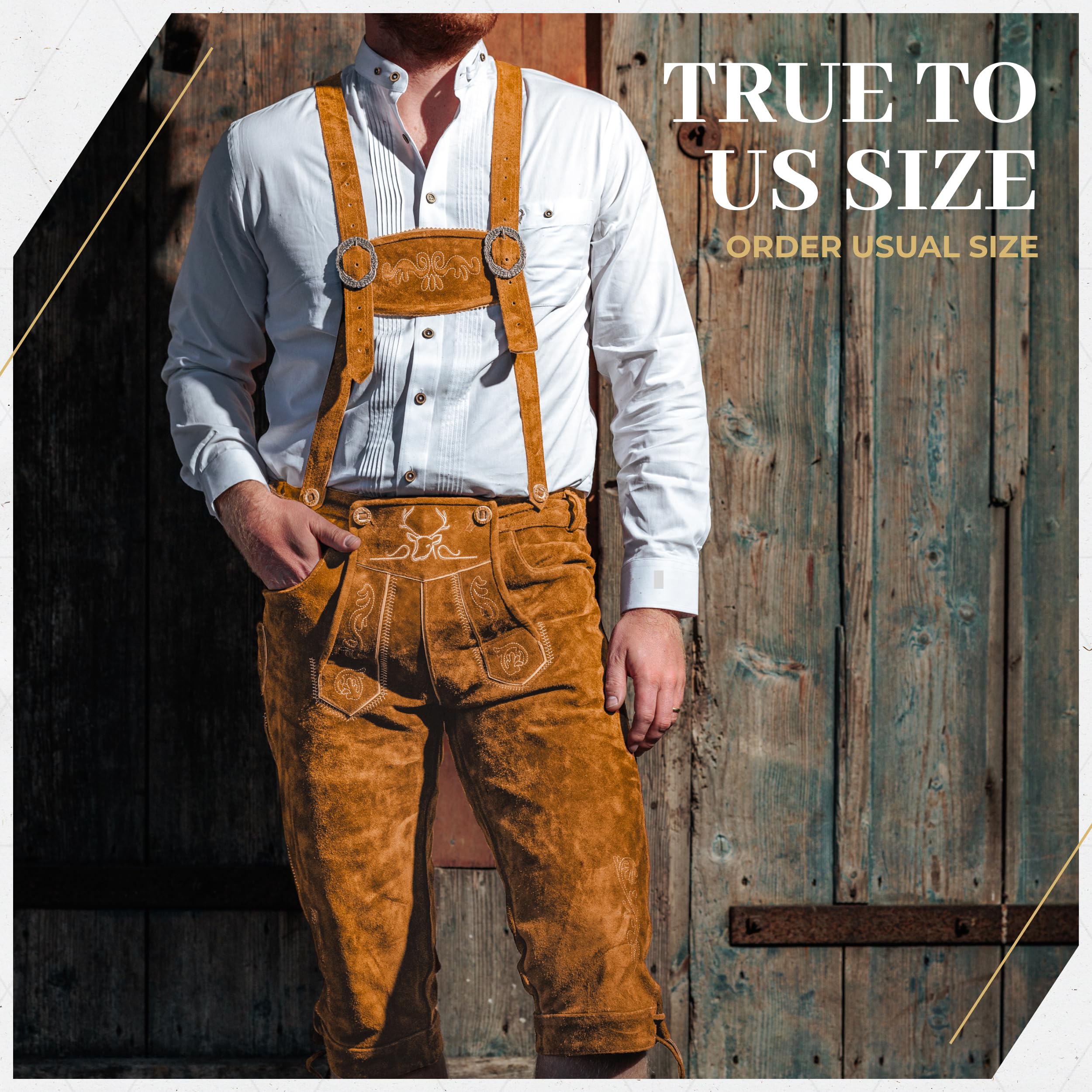 Authentic German Lederhosen for Men - Genuine Leather Bavarian Traditional Oktoberfest Pants - Light Brown Knee-Length - Perfect for Oktoberfest, Beer Festivals & Cultural Events
