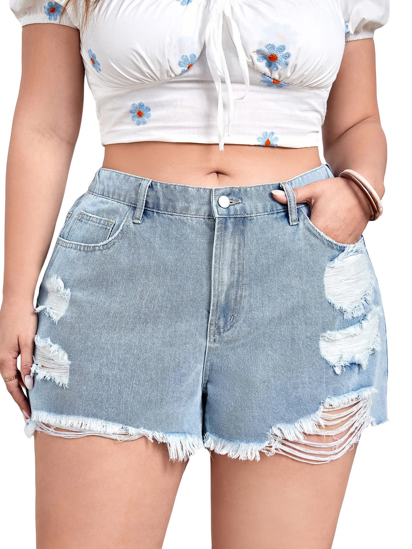 Floerns Women's Plus Size Ripped Raw Hem Straight Leg High Waist Denim Shorts - Trendy Distressed Jeans for Casual Outfits & Summer Fashion