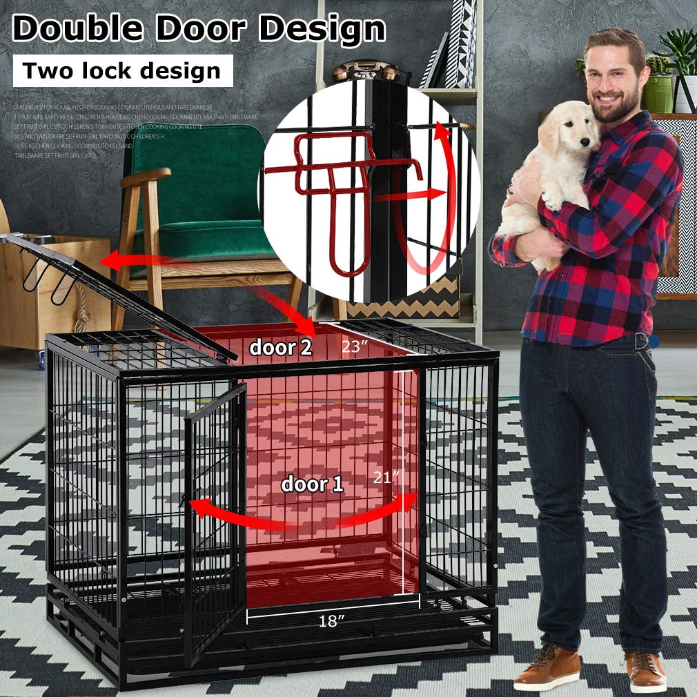 Heavy Duty 36 Inch Dog Crate Cage for Large Dogs - Indoor/Outdoor Pet Kennel with Double Doors, Secure Locks & Removable Plastic Tray - Perfect for Training, Travel, and Home Safety