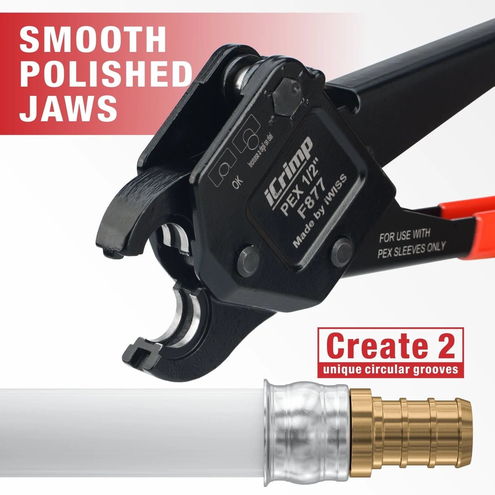 Angled Head PEX Crimping Tool for 1/2 inch F877 Stainless PEX Press Sleeves with Go/No-Go Gauge - Perfect for Plumbing Repairs and PEX Pipe Installations