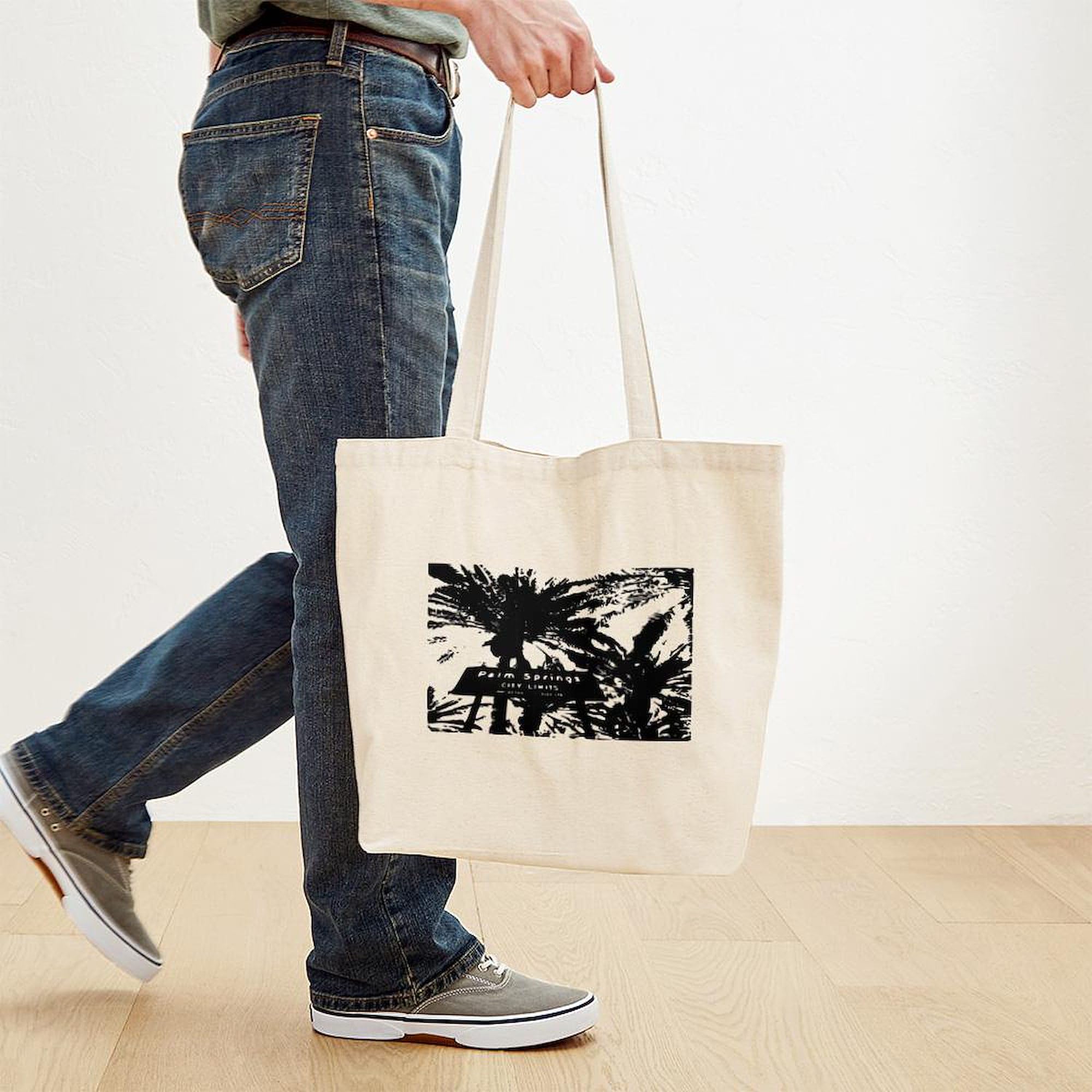 Palm Springs Sign Tote Bag - Black & White Natural Canvas Reusable Shopping Bag for Groceries, Beach, Work & Travel