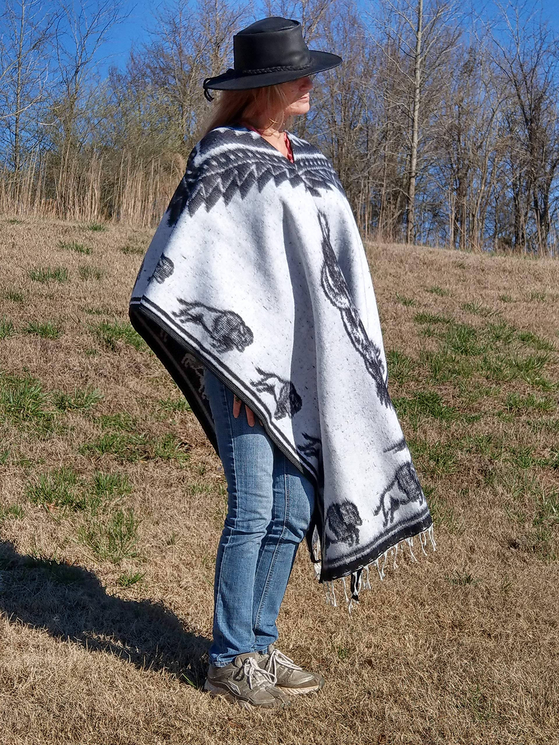 Sharpshooter Brand Sun Dance Tatanka Ska Buffalo Robe Hand Woven Poncho - Native American Style Wool Blanket for Outdoor Camping, Festivals & Cozy Home Decor