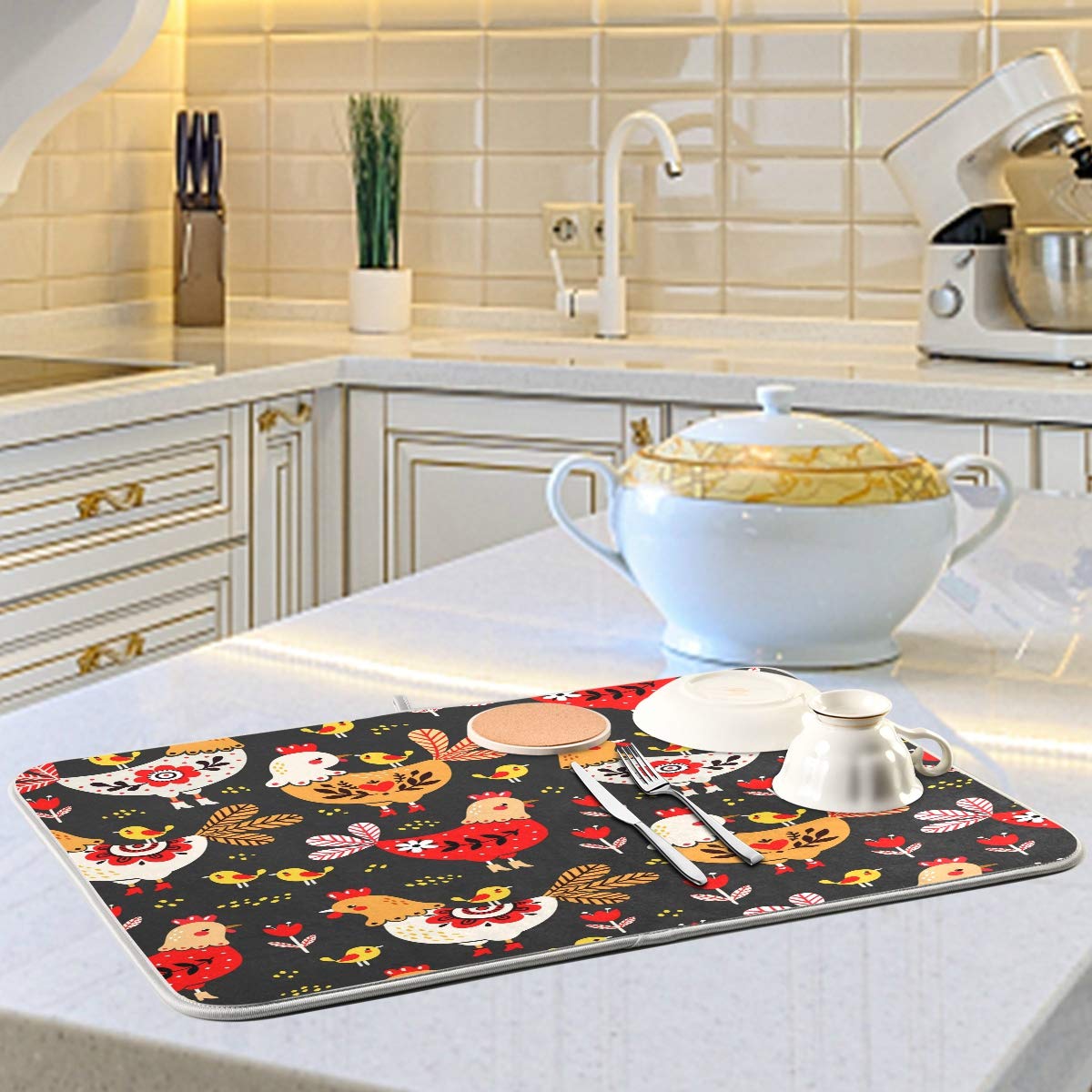 Susiyo Super Absorbent Microfiber Dish Drying Mat - Cute Rooster Chicken Design, Heat-Resistant Kitchen Counter Mat (18x24 Inch) for Drying Dishes, Utensils & Cookware | Perfect for Kitchen Countertops, Sink Areas & Dish Rack Protection