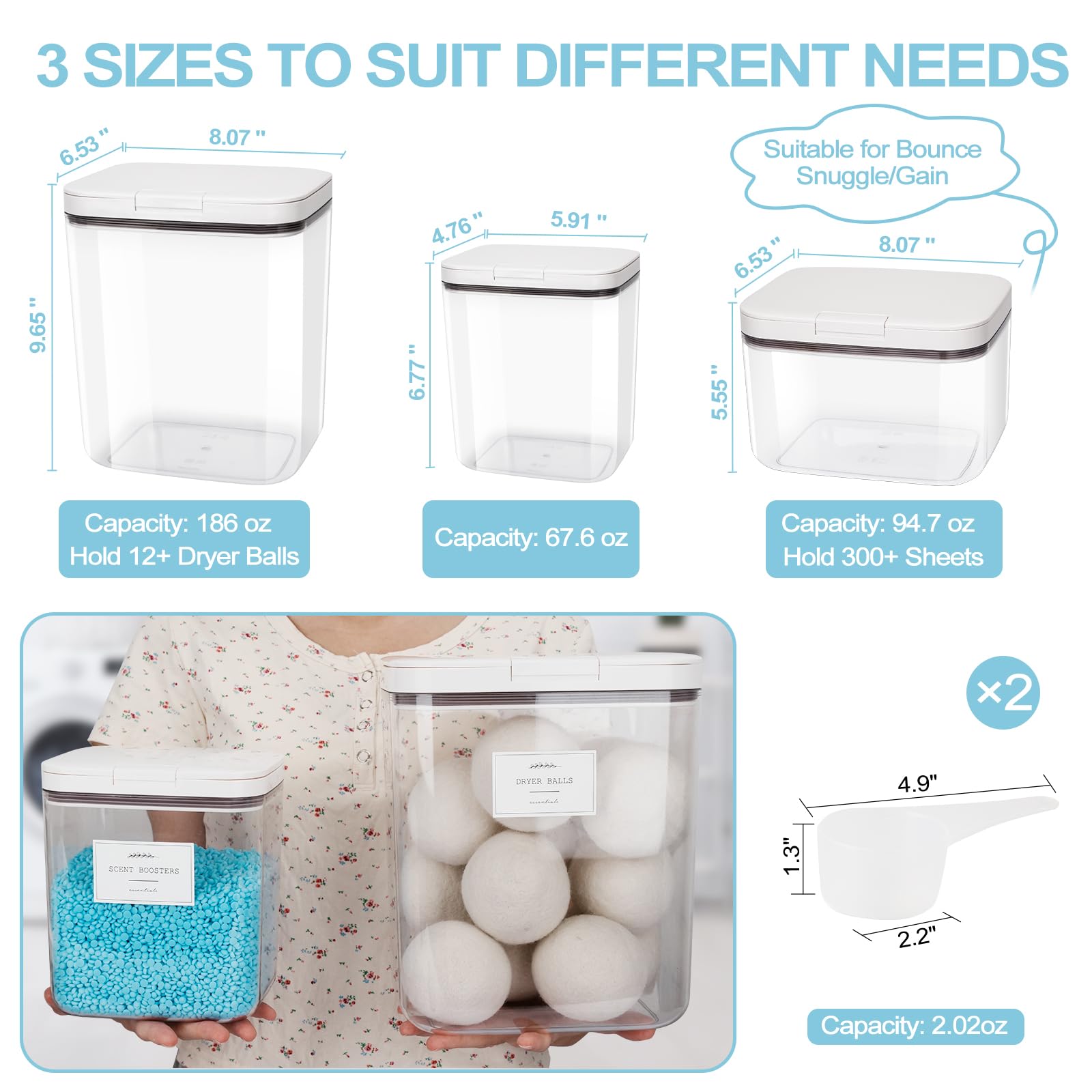 3 Pack Airtight Laundry Powder Containers & Dryer Sheet Holder with Lids & Labels - Laundry Room Organization Storage Jars for Pods, Scent Beads, Detergent Balls - Perfect for Laundry Room, Closet & Home Organization