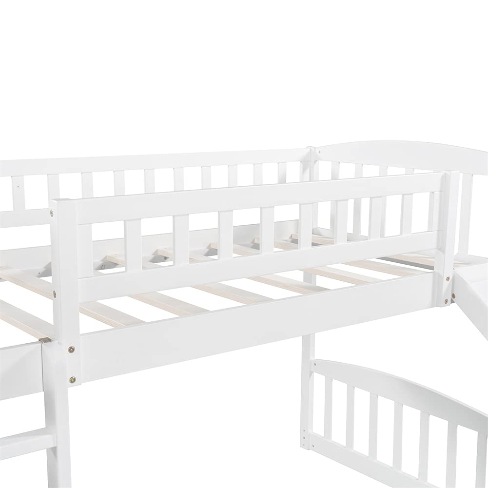 **Kids Wooden Loft Bed with Stairs & Storage - Twin Size Space-Saving Low Bunk Bed Frame (White) - Perfect for Small Bedrooms, Dorms, or Playrooms**