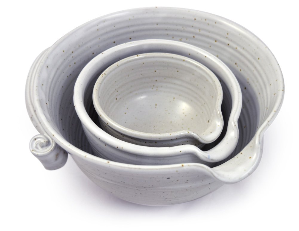 Modern Artisans American Made Stoneware Pottery Batter Bowls - 3-Piece Nesting Set with Classic All-White Glaze | Perfect for Baking, Mixing & Serving | Durable Kitchen Essentials for Home Cooks & Professional Chefs