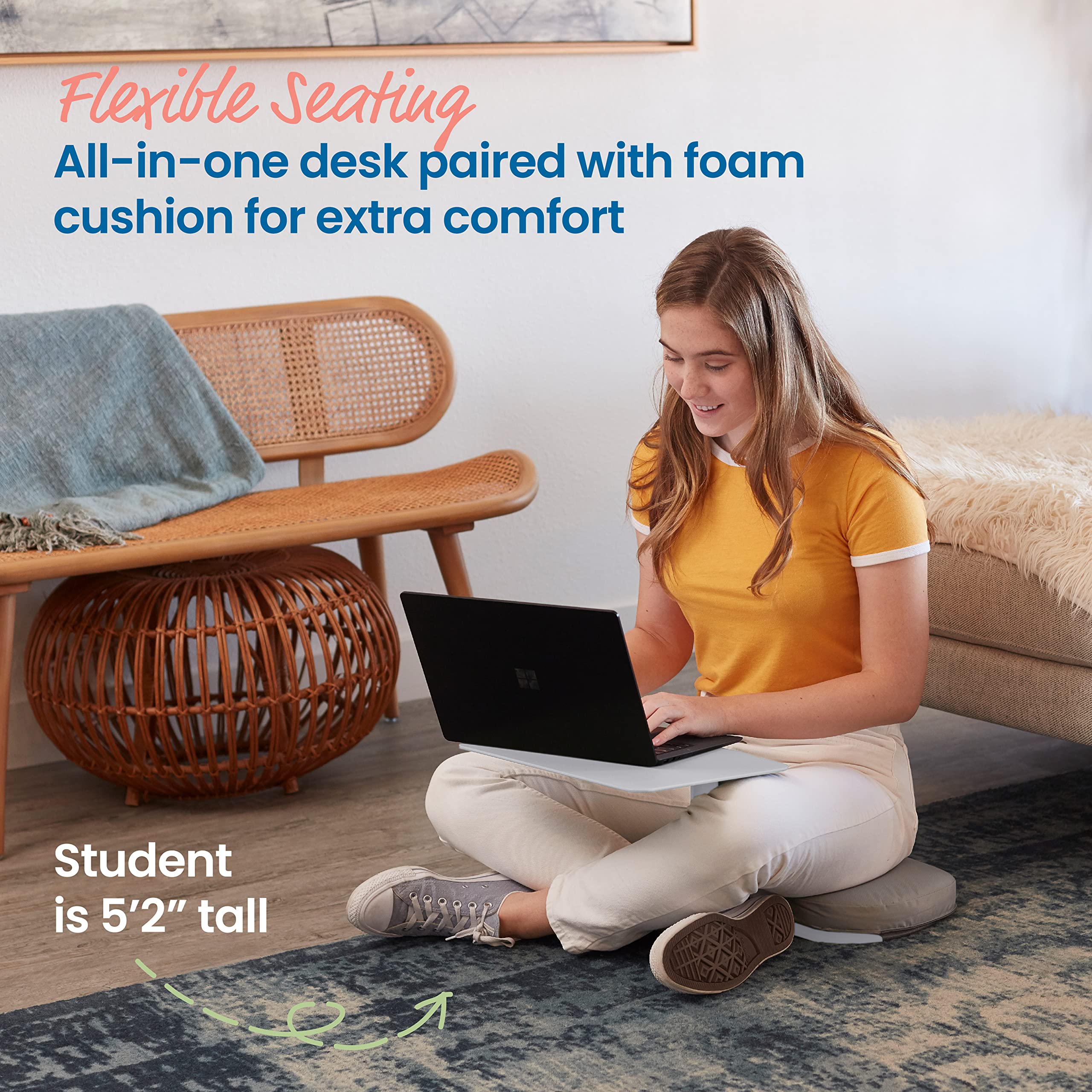 ECR4Kids The Surf Portable Lap Desk with Cushion - Light Grey Flexible Seating for Kids & Teens - Perfect for Homework, Reading, and Bedroom Use