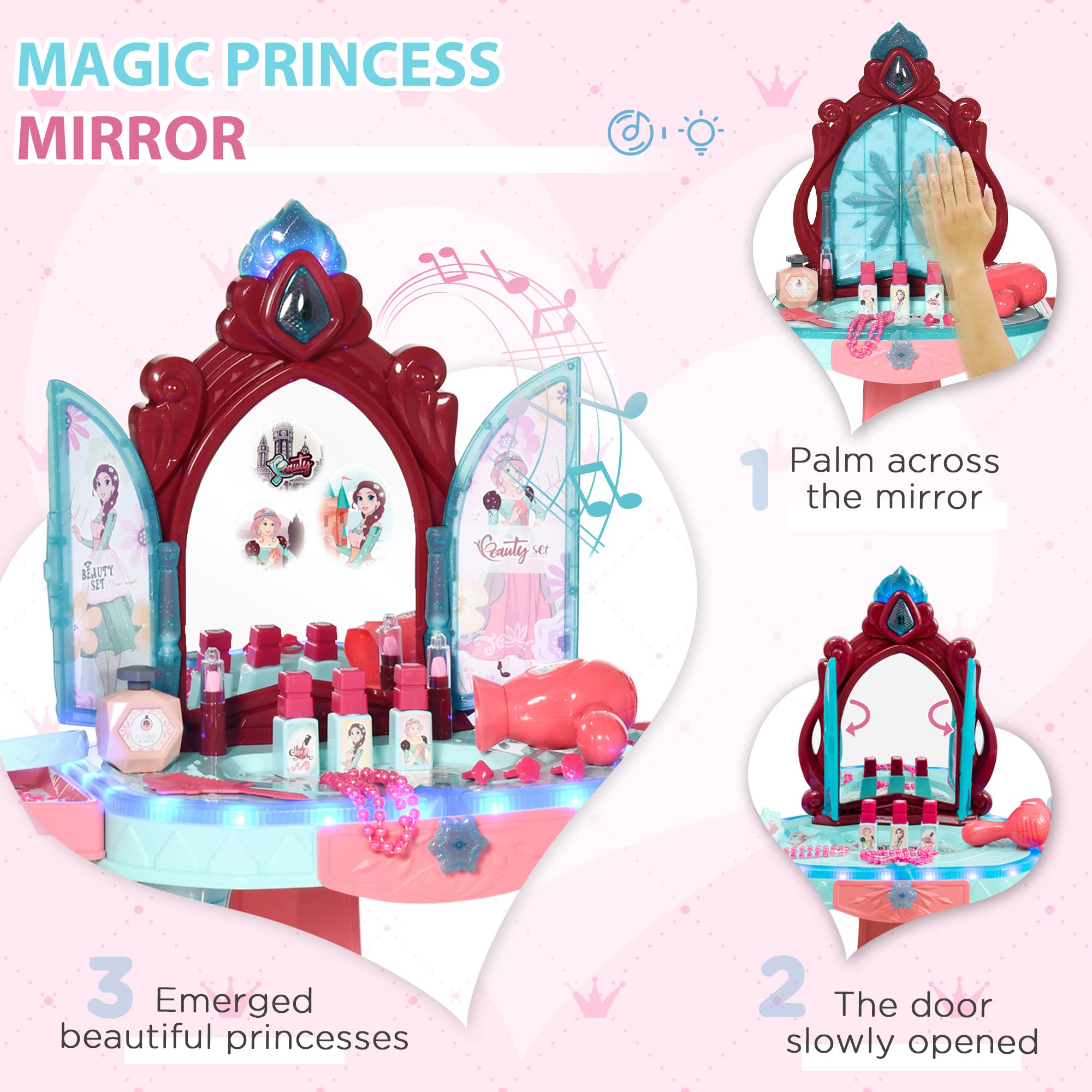 Qaba Kids Vanity Set with Self-Opening Magic Mirror, Princess Makeup Table with Music & Lights - Creative Play Toy for Girls Ages 3-6 | Perfect for Birthday Gifts, Pretend Play & Room Decor
