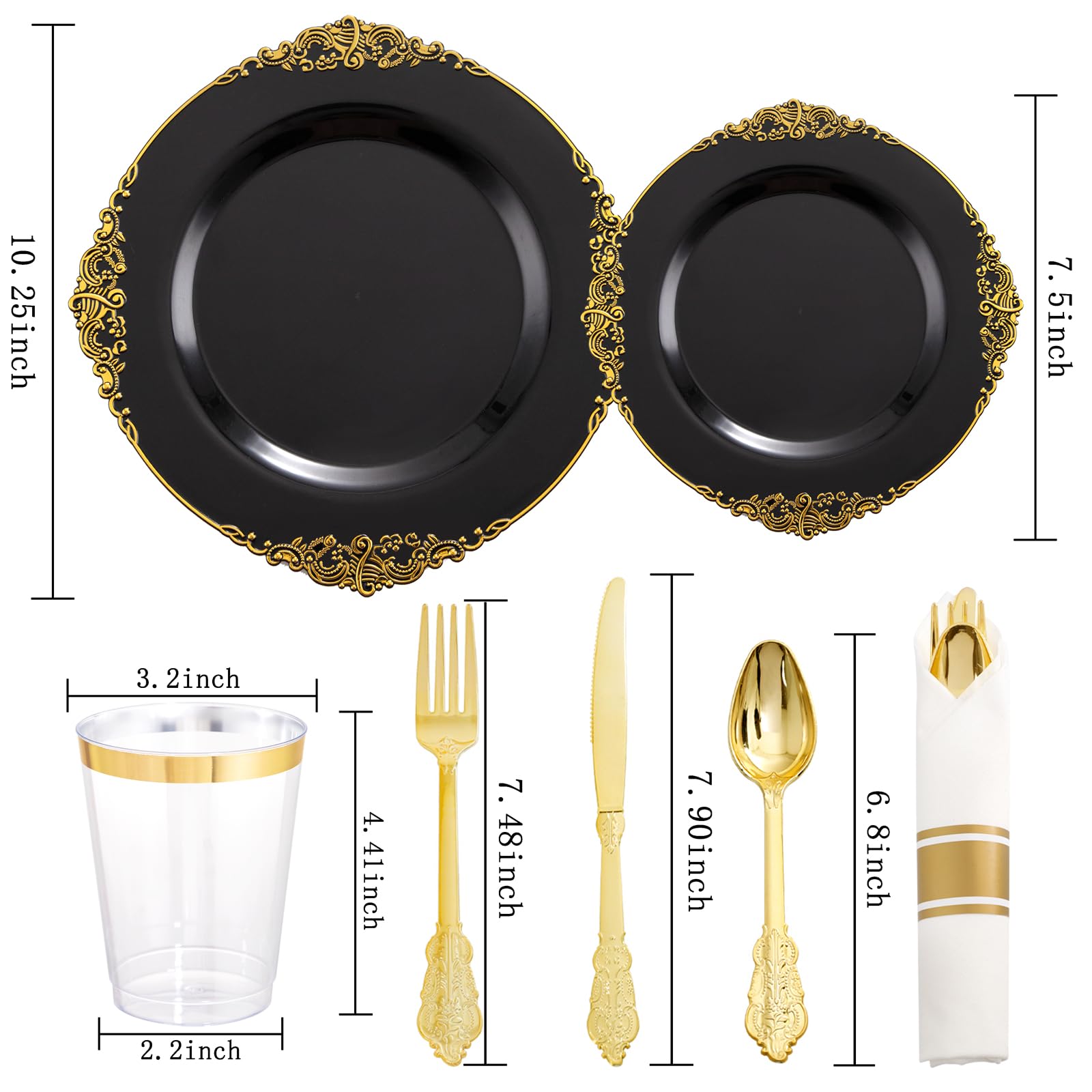 Hioasis 350-Piece Black and Gold Plastic Dinnerware Set - 50 10.25