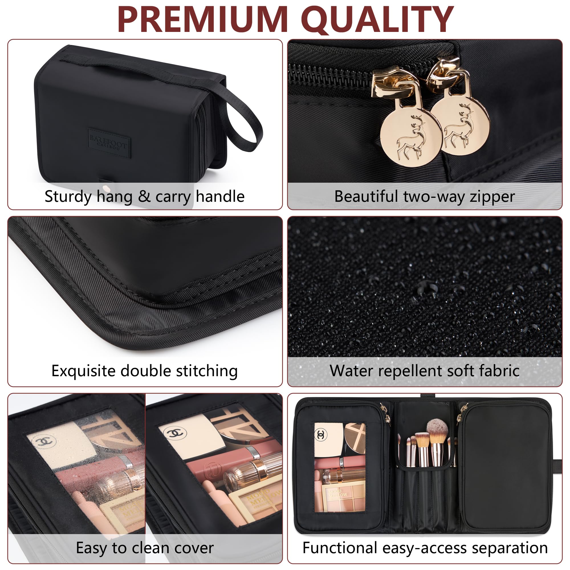 Compact Travel Makeup Bag for Women - Large Capacity Cosmetic Organizer for Brushes & Toiletries | Portable Makeup Case for Business Trips, Vacations & Weekend Getaways (Black) | Perfect for Airplane Carry-On & Gym Essentials