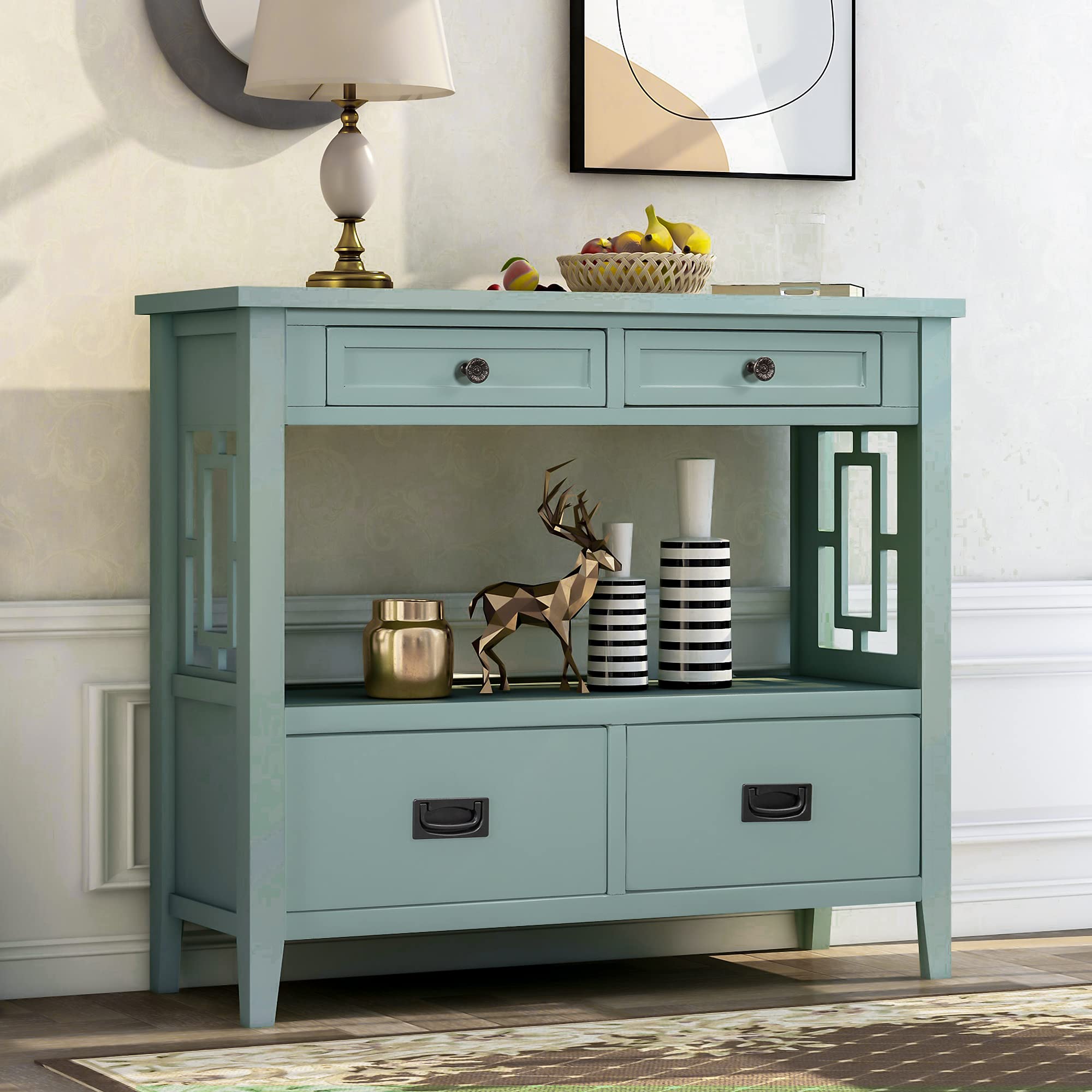Quarte Retro Style Console Table - Entryway Hallway Sofa Table with 4 Drawers & 1 Shelf, Thick Wood Accent Side Table for Living Room, Bedroom - Easy Assembly (Green) | Perfect for Small Spaces, Apartment Decor & Home Organization