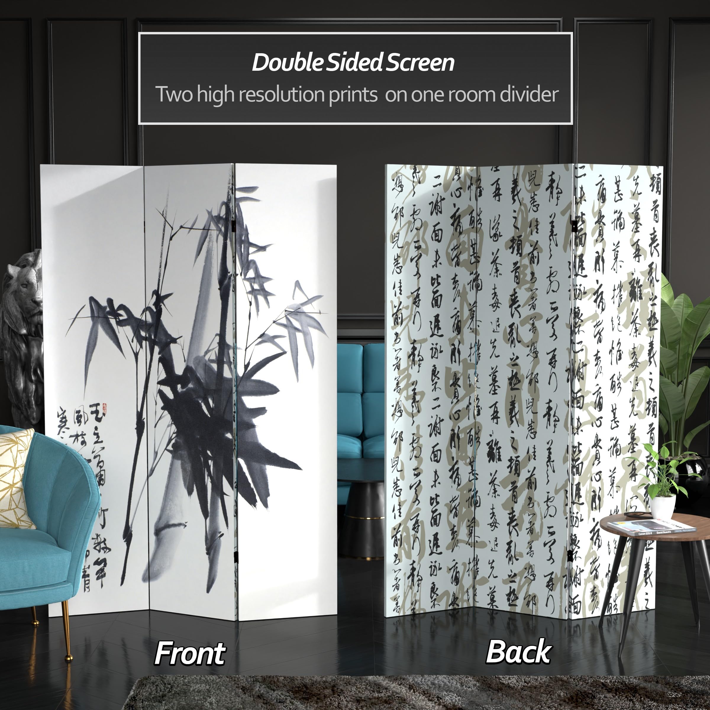 6 ft. Tall Red Lantern Double Sided Zen Brushstroke Canvas Room Divider - Bamboo Calligraphy Asian Style Folding Screen for Home Decor, Office Partition & Meditation Space