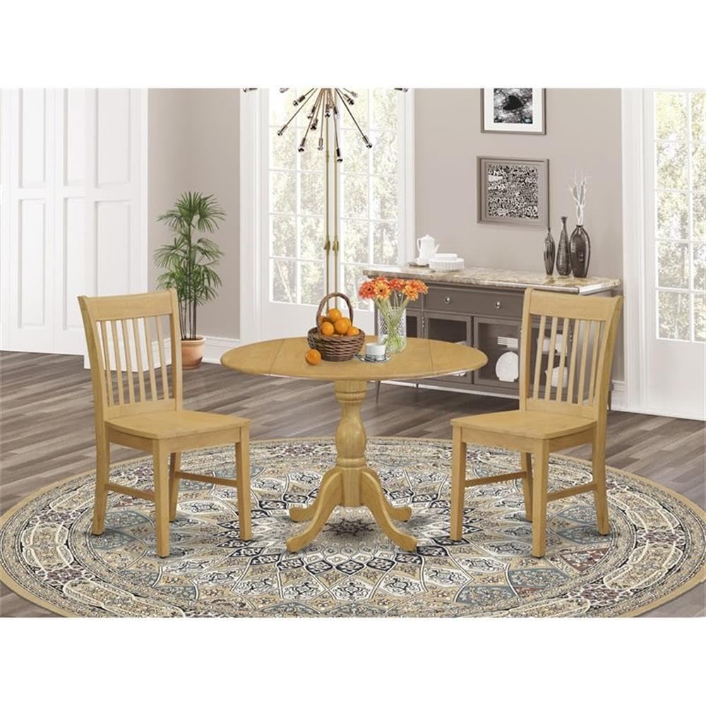 Modern 3-Piece Dining Table Set with Round Wooden Drop-Leaf Table & 2 Chairs - 42x42 Inch, Oak Finish | East West Furniture DMNF3-OAK-W | Perfect for Small Kitchens, Breakfast Nooks & Cozy Dining Spaces