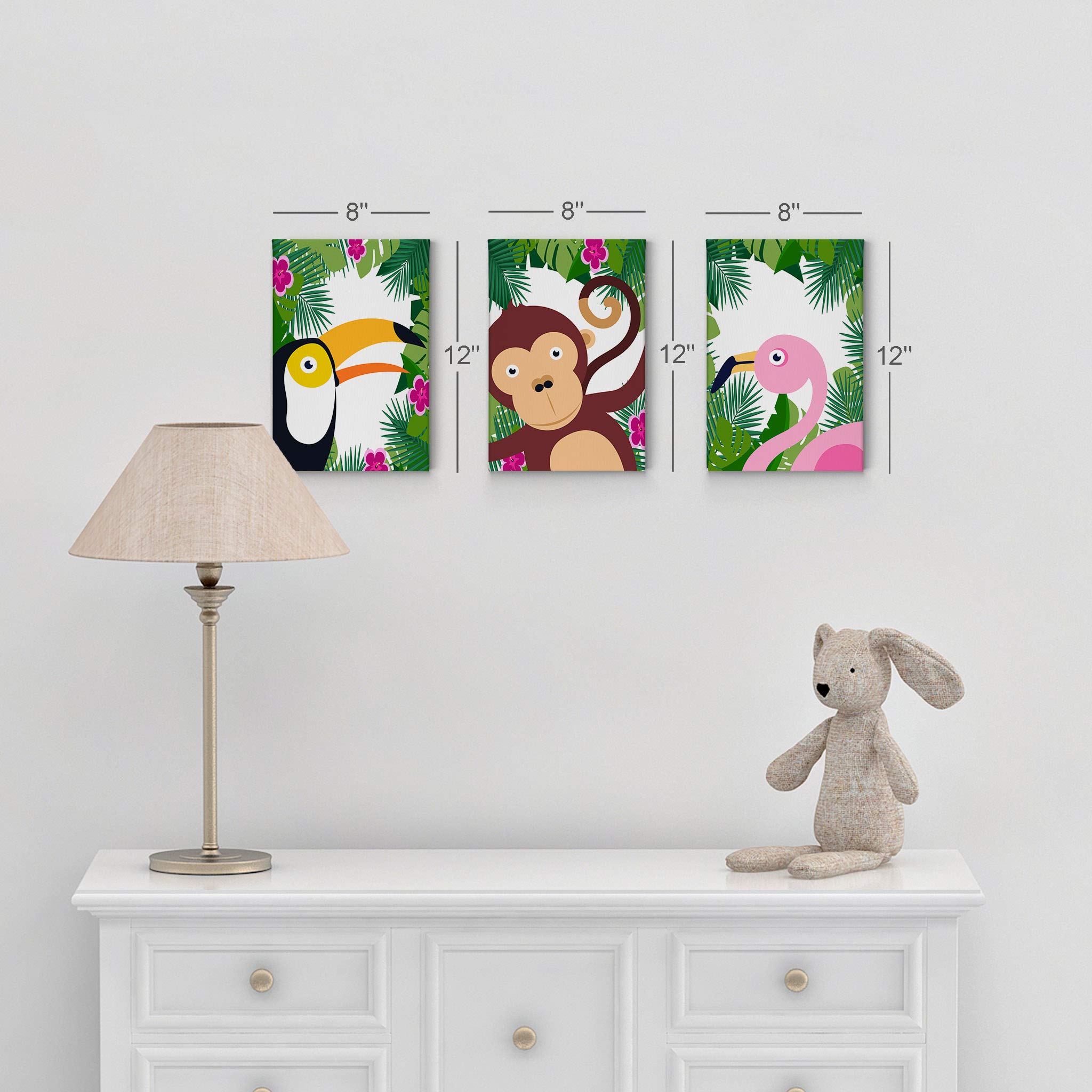Tropical Animals Wall Art Canvas Prints - 3 Panel Set for Kids Room, Nursery & Baby Room Decor - 40x30 Inches - Made in USA | Perfect for Playrooms, Bedrooms & Daycare Centers