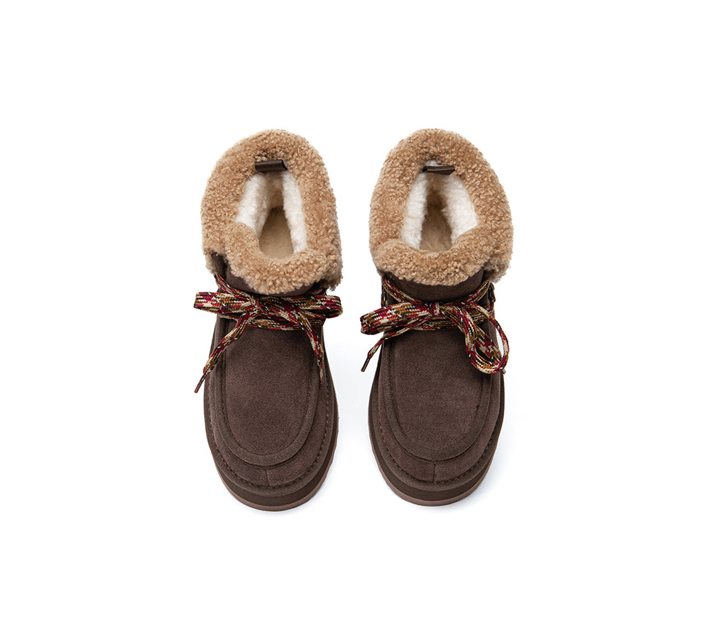 UGG EVERAU® Women's Sheepskin Wool Lace-Up Ankle Boots with Platform - Cozy Winter Fashion for Casual Outings & Outdoor Activities