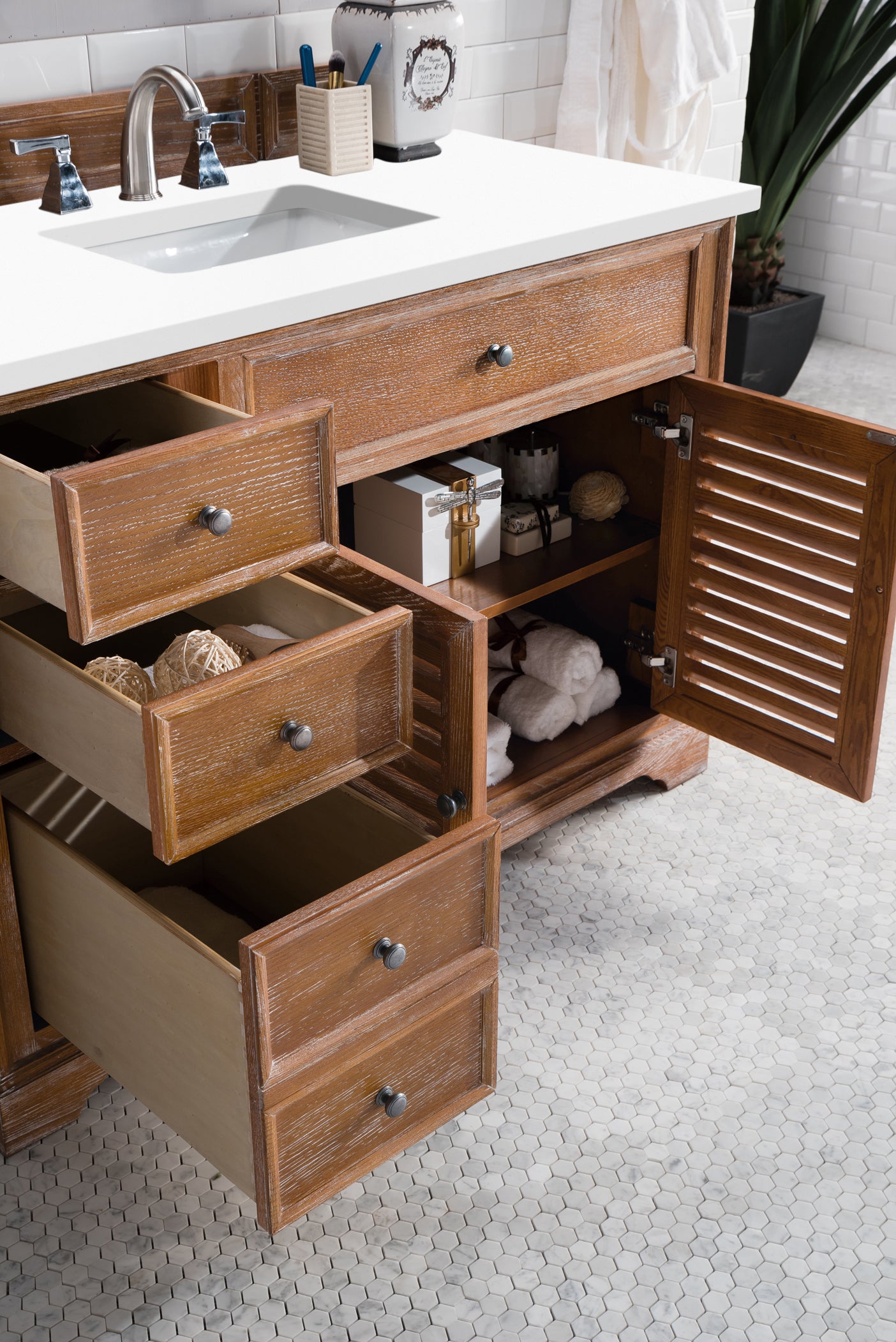 Savannah 48 Inch Single Bathroom Vanity Cabinet in Driftwood Finish with 3CM White Zeus Quartz Countertop - Perfect for Modern Master Bathrooms & Guest Baths