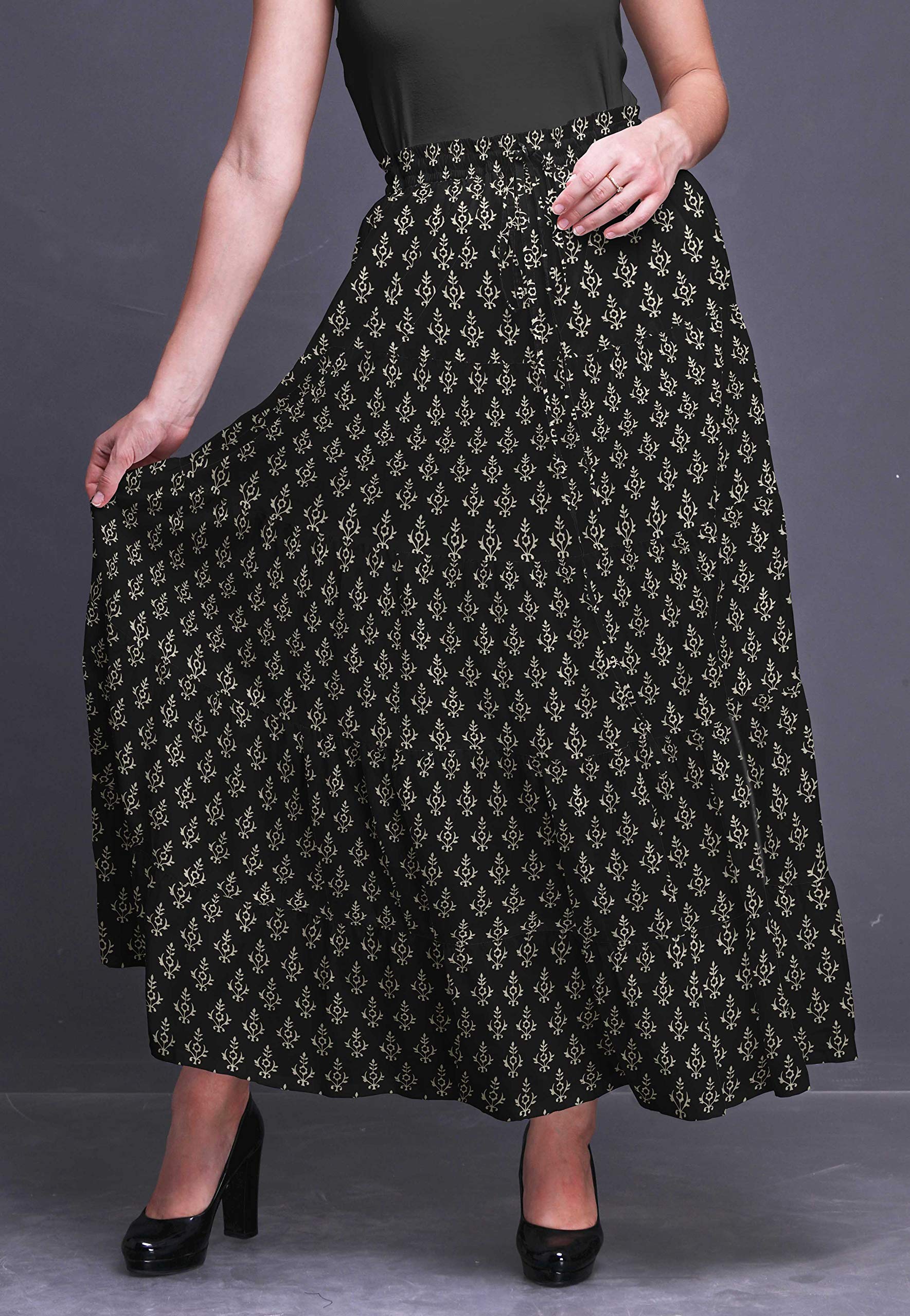 Boho Printed Long 5-Tier Cotton Skirt for Women - Flowy Maxi Skirt with Elastic Waistband | Perfect for Beach, Vacation & Summer Outfits