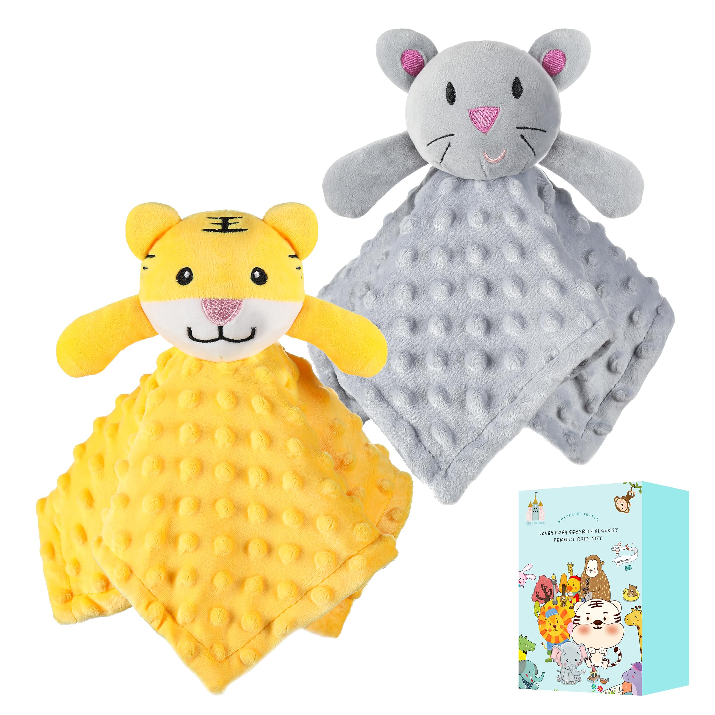 Soft Unisex Baby Security Blanket - Cute Castle Design for Newborn Boys & Girls - Neutral Baby Shower Gift & Registry Essentials - Perfect for Snuggling, Playtime & Nursery Decor (Mouse & Tiger)