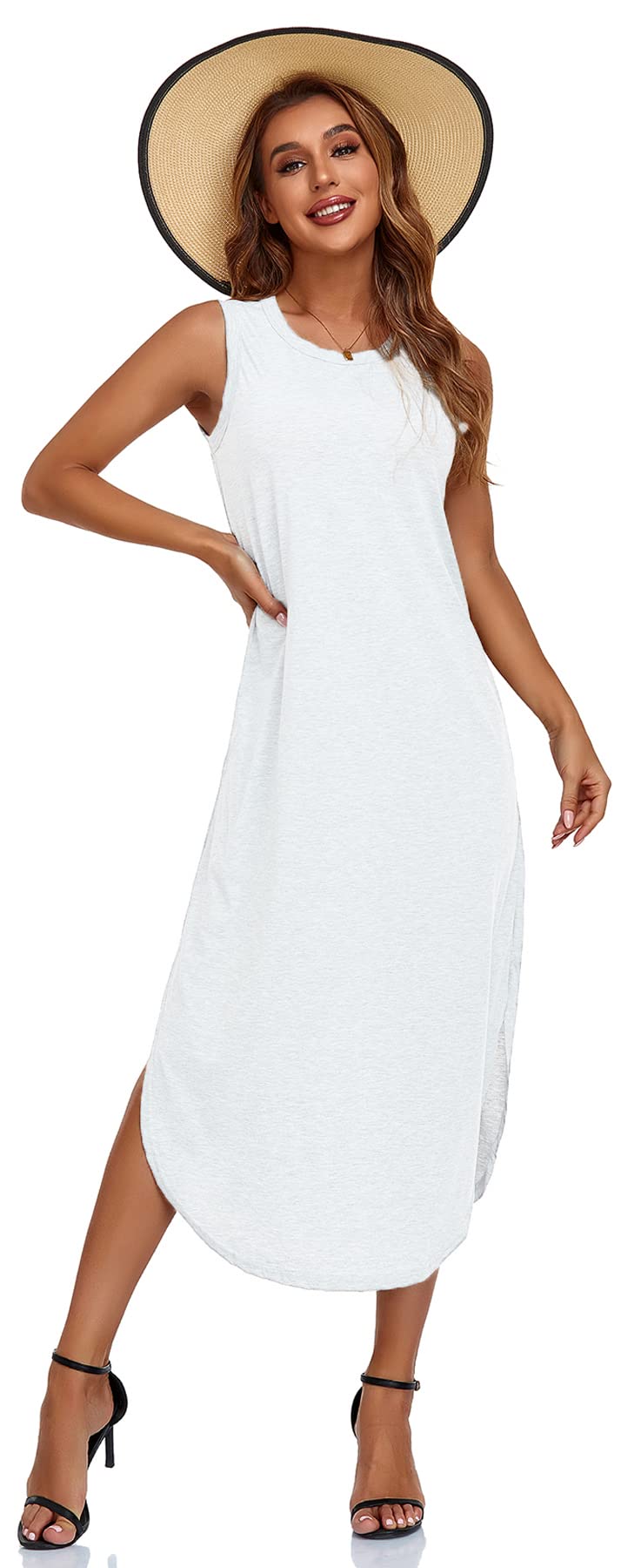 Women's Sleeveless Graphic Print Long Sundress - Casual Beach Cover Up Dress with Pockets | Summer Vacation, Pool Party, Outdoor Date Outfit