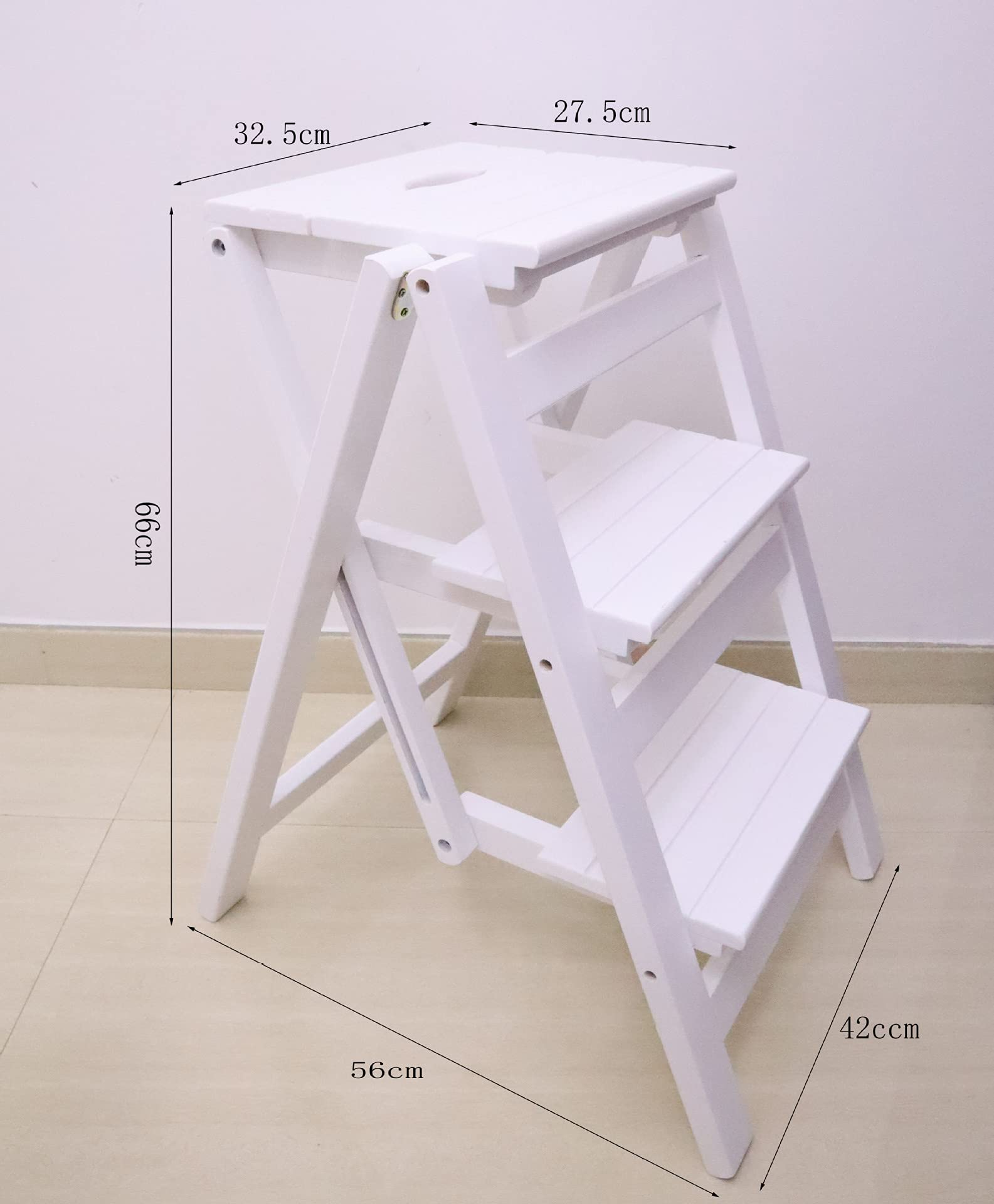 XHALERY 3-Tier Foldable Wooden Step Stool for Home, Portable Indoor Ladder Stool with Non-Slip Steps - White (Perfect for Kitchen, Bathroom & Kids' Room)