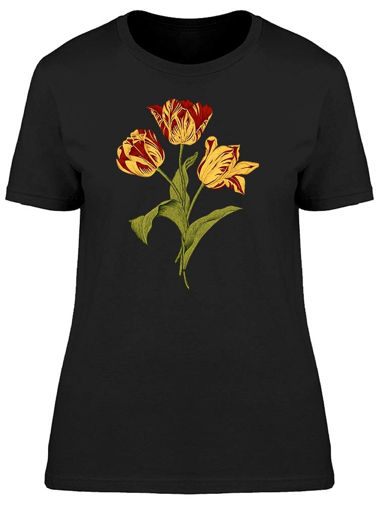 Women's Three Red and Yellow Tulips Graphic T-Shirt - Casual Spring Floral Tee for Outfits, Dates & Outdoor Activities
