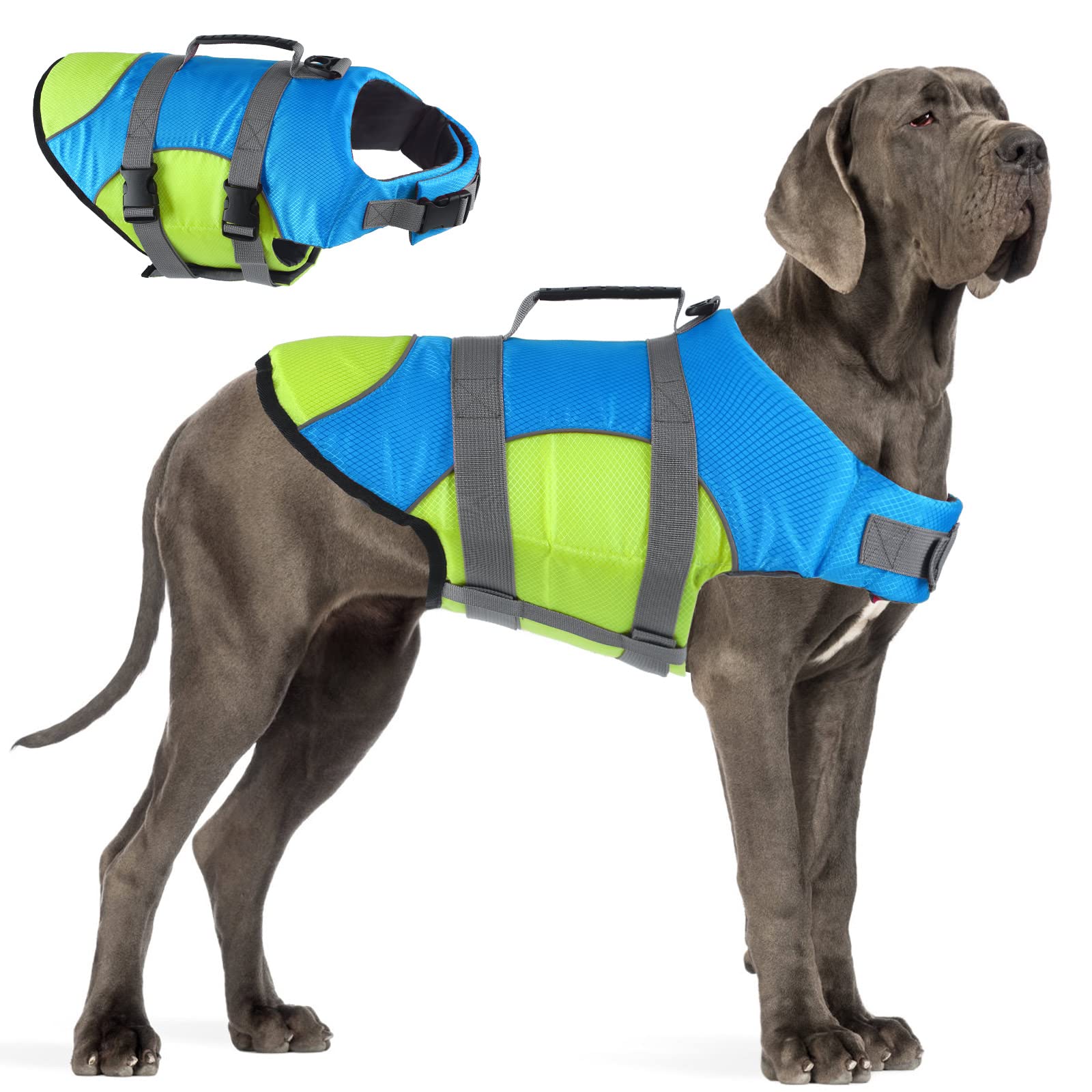 **Adjustable Reflective Dog Life Jacket with Rescue Handle - Safe Float Coat for Small, Medium & Large Dogs - Ideal for Boating, Swimming & Water Safety (Blue/Green)**