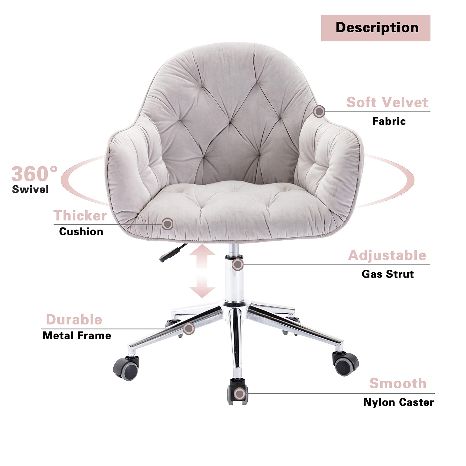 CAELUM Rolling Swivel Computer Desk Chair - Velvet Upholstered Ergonomic Office Chair for Home Office, Study, Bedroom, Gaming (Gray) | Perfect for Remote Work, Online Classes & Small Spaces