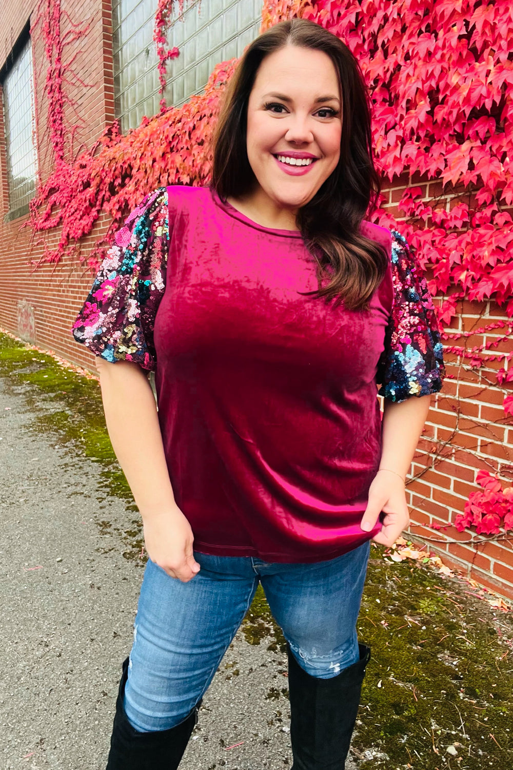 Diva Dreams Women's Sequin Floral Puff Sleeve Velvet Blouse - Elegant Party Top for Night Out, Dinner Date & Special Occasions