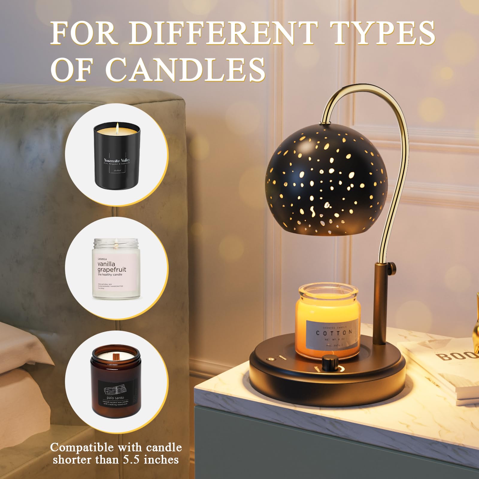 Premium Candle Warmer Lamp with Timer & Adjustable Height - 2 Dimmable Bulbs Included for Scented Jar Candles - Black - Perfect for Home Decor, Relaxation & Aromatherapy