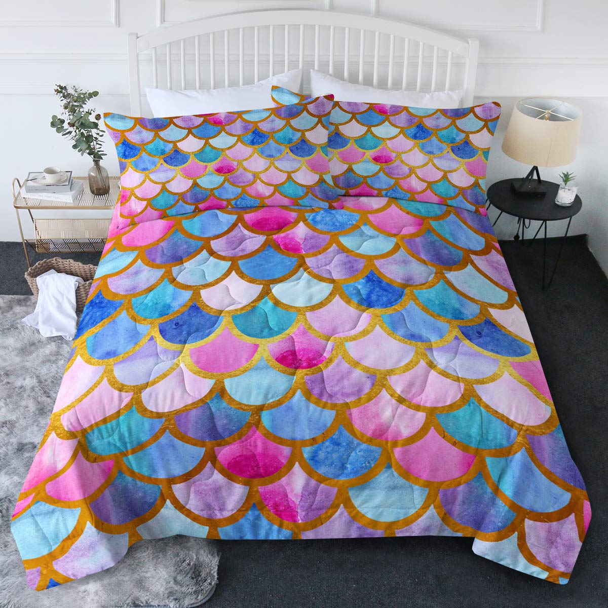 BlessLiving Mermaid Comforter Set Twin - 3 Piece Kids Bedding Set for Girls in Blue Green Teal & Pastel Pink Purple - Twin/Twin XL Comforter with 2 Pillow Shams - Perfect for Girls' Bedroom, Kids Room Decor & Fantasy Themed Sleepovers
