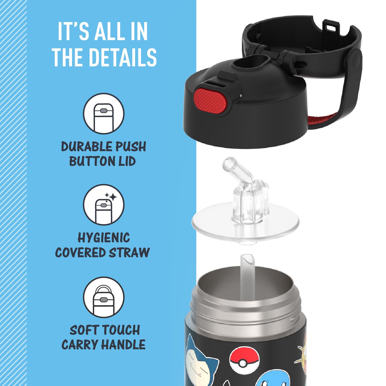 THERMOS FUNTAINER 12oz Kids Stainless Steel Vacuum Insulated Water Bottle with Straw & Lid - Pokémon Design - Leakproof & BPA-Free for School, Sports & Outdoor Activities