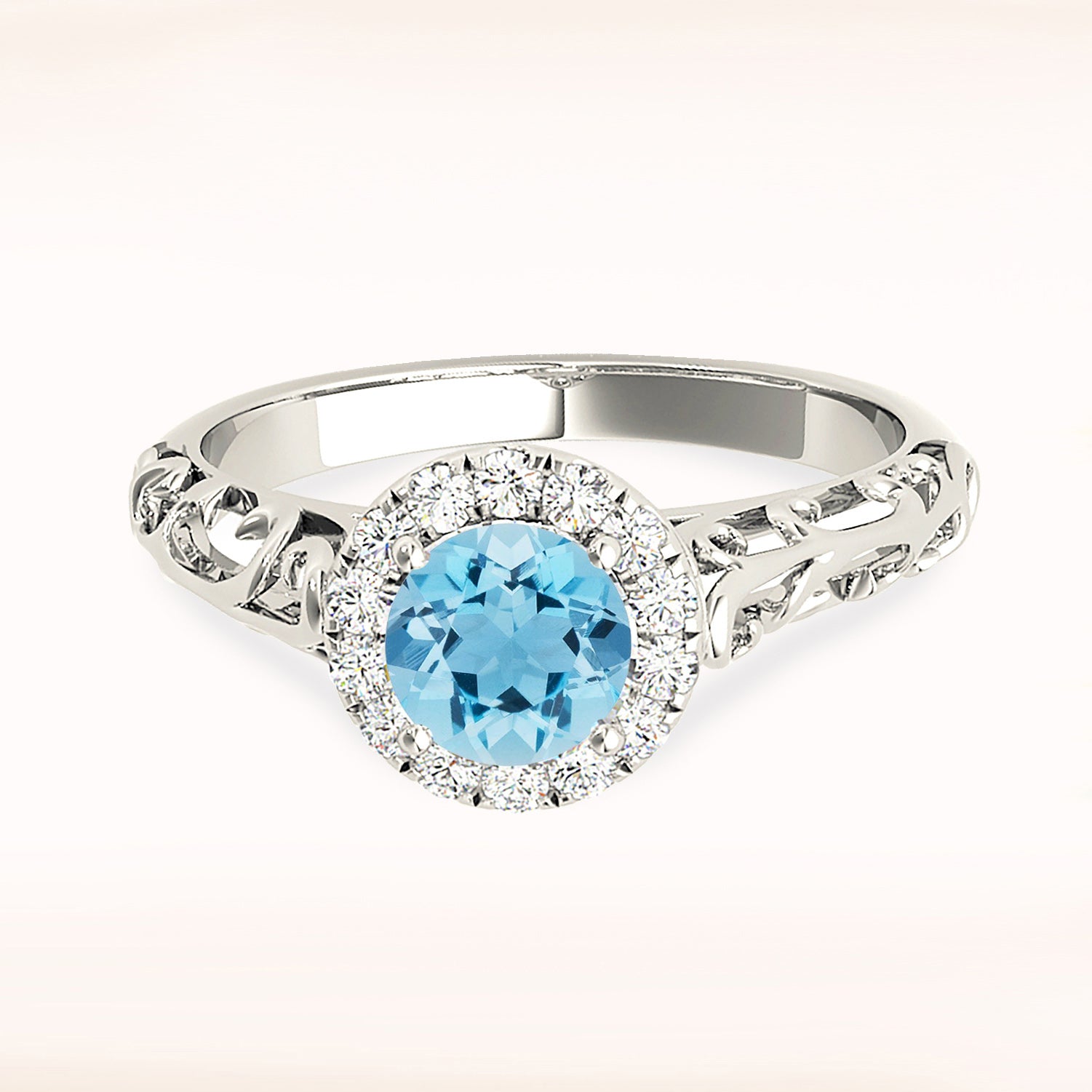 1.00 Carat Genuine Aquamarine Halo Ring with Floral Basket Band – Elegant Wedding, Engagement & Anniversary Jewelry Gift for Women
