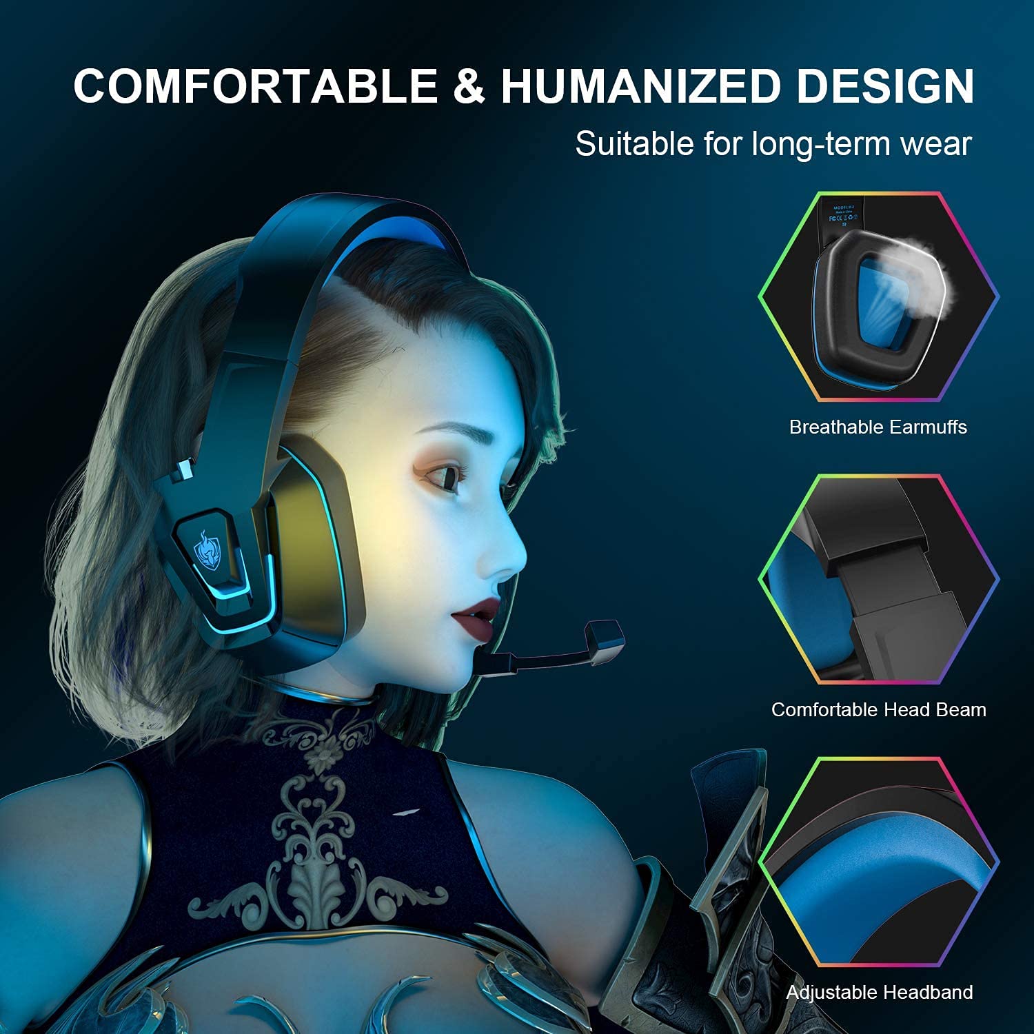 YOTMS Wired Gaming Headset for PS4, PS5, Xbox One, PC - Over-Ear Headphones with Noise Cancelling Mic, LED Lights, Volume Control & 7.1 Surround Sound (Blue) - Perfect for FPS, RPG & Online Gaming Sessions