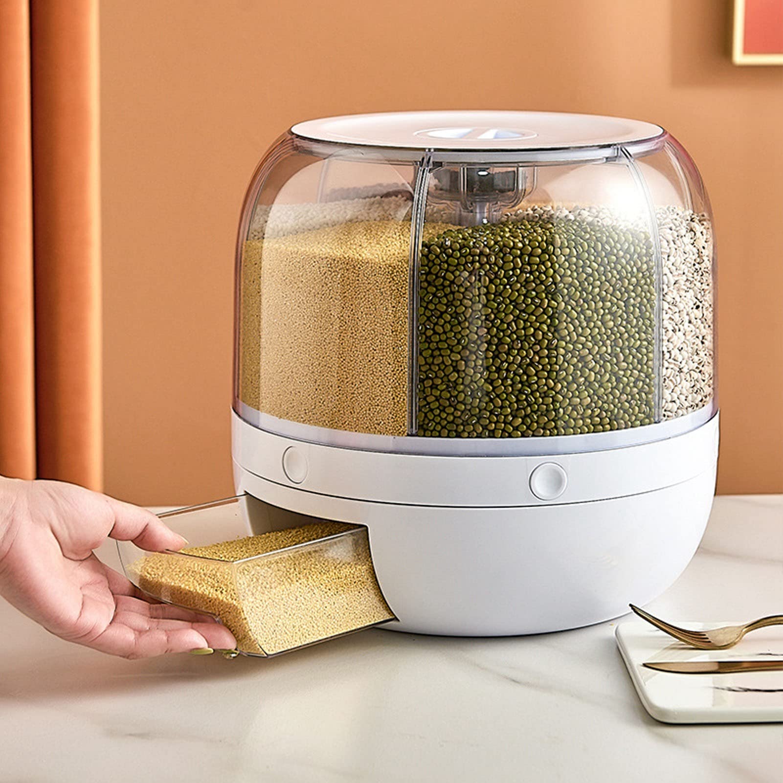 Oreb 6-Grid Rotating Cereal Dispenser - 5kg Airtight Food Storage Container for Rice, Grains, Beans & Dry Foods | Perfect for Kitchen Organization & Pantry Storage