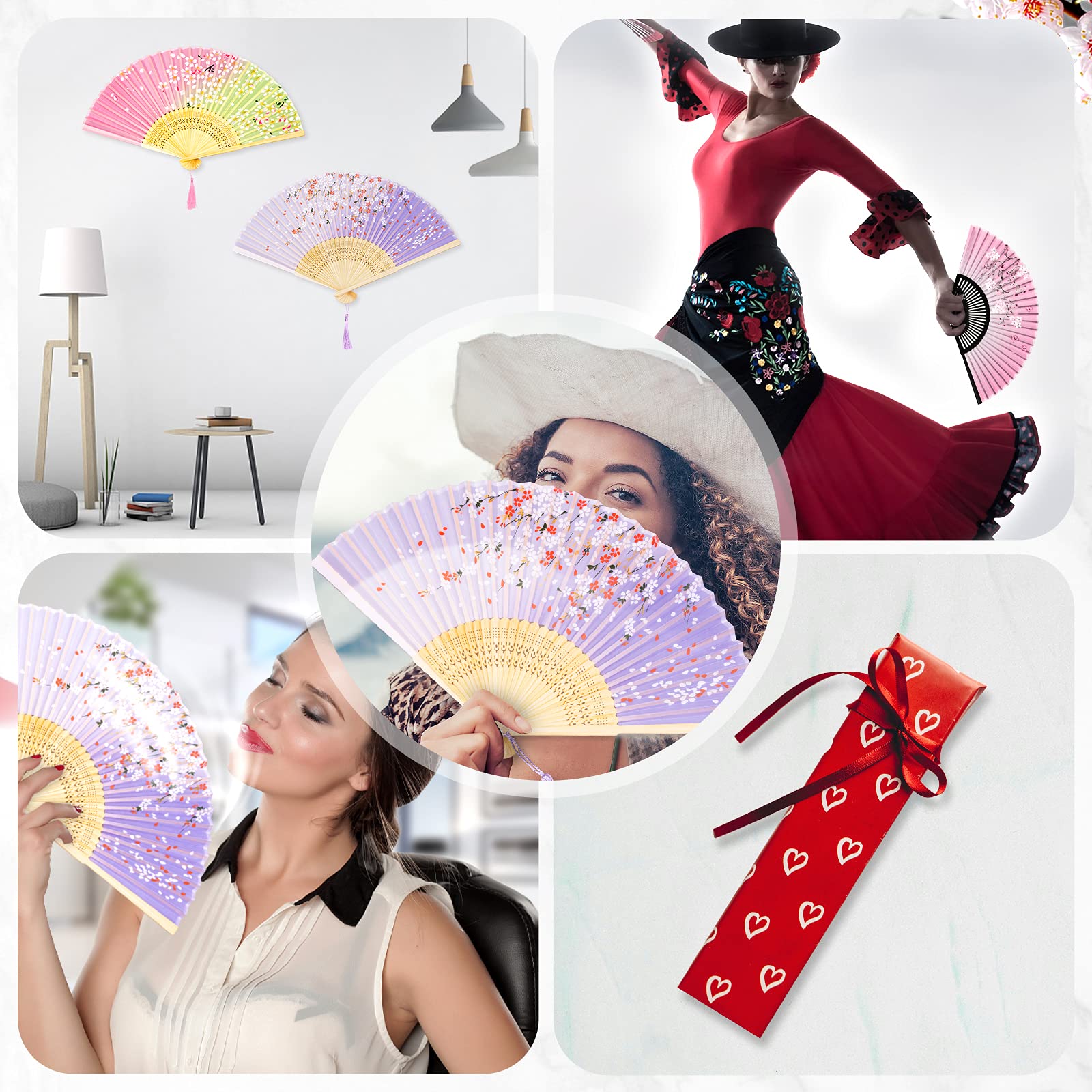 Elegant Slik Folding Hand Fan - Premium Bamboo Frame with Storage Bag & Tassel | Cooling, Performance, Decoration & Gift | Classic Ink Plum Violet Gradient Design | Perfect for Summer, Weddings, Theater & Home Décor