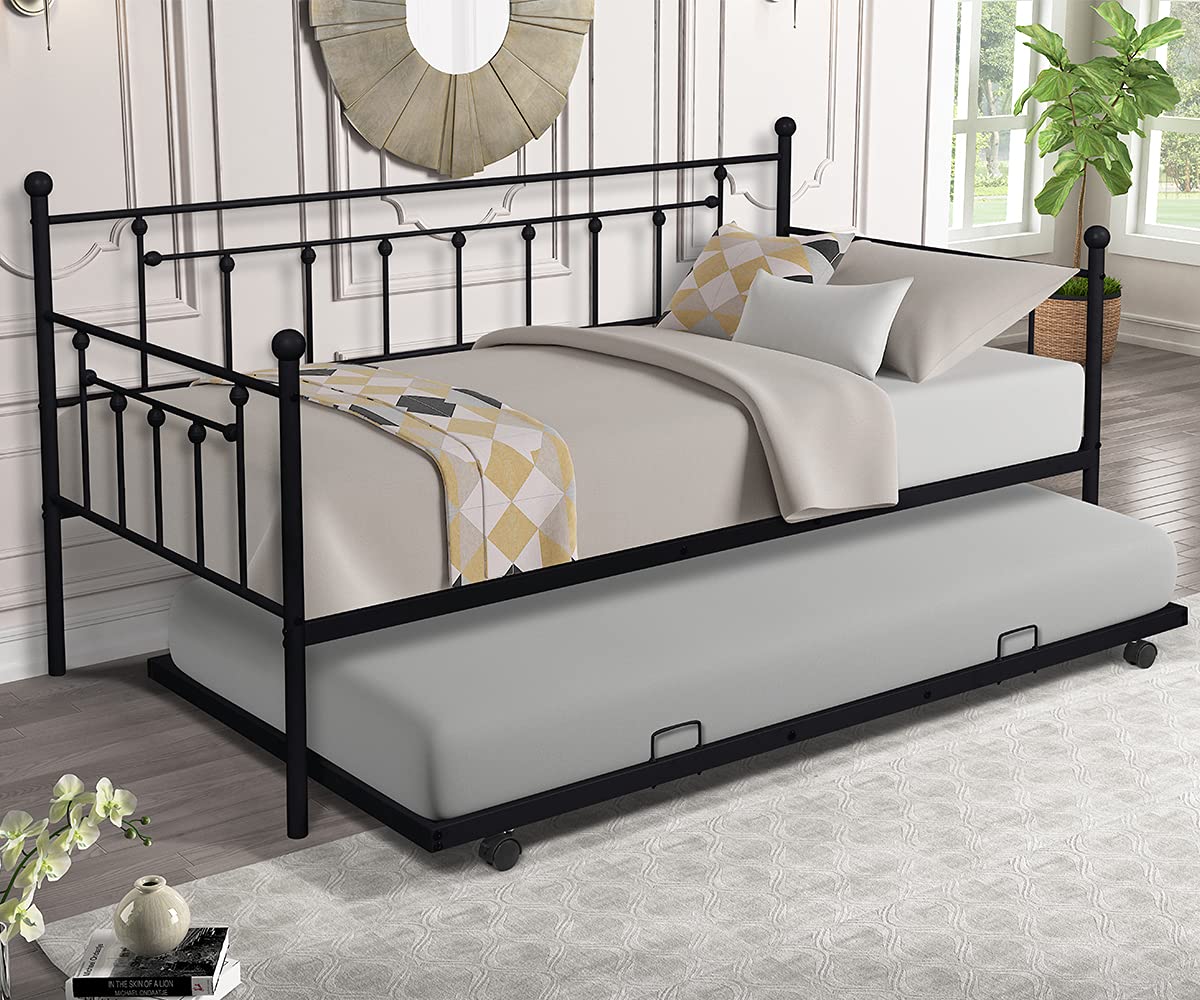 GNIXUU Heavy Duty Twin Size Metal Daybed with Pull Out Trundle - Vintage Style Guest Bed Frame for Living Room, Bedroom & Home Office (Black) - Perfect for Small Spaces, Sleepovers & Multi-Purpose Rooms
