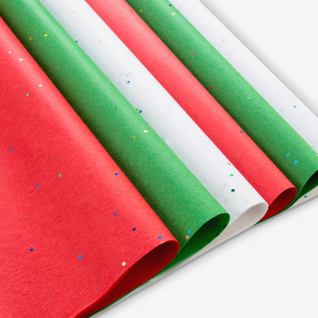 100 Sheets Christmas Tissue Paper - Red Green White Glitter Wrapping Paper for Gift Bags, Presents & Holiday Decor (20