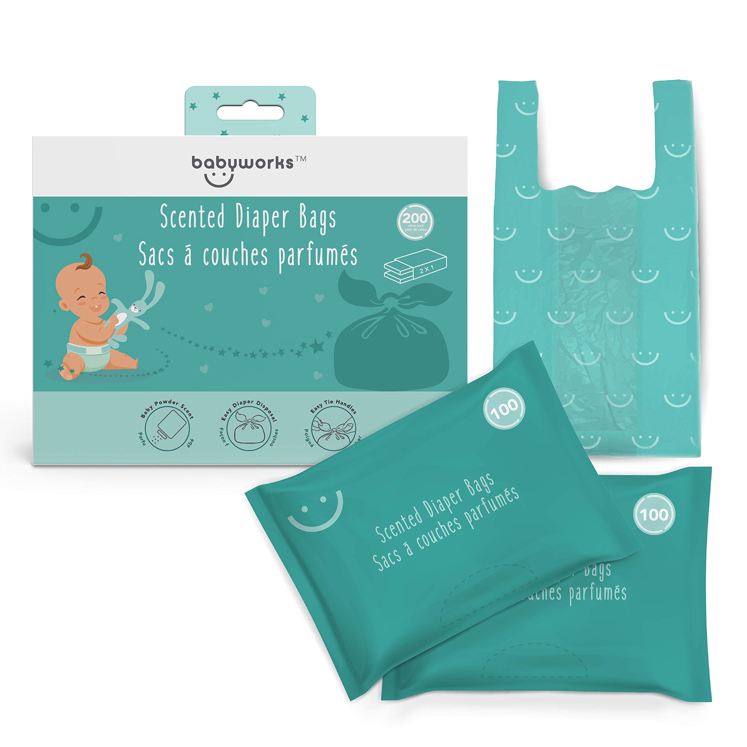 Baby Works - Scented Disposable Diaper Bags (200 Count) | Odor-Neutralizing Baby Powder Scent | Perfect for Diaper Disposal & Pet Waste | Ideal for Travel, Daycare & On-the-Go Parents