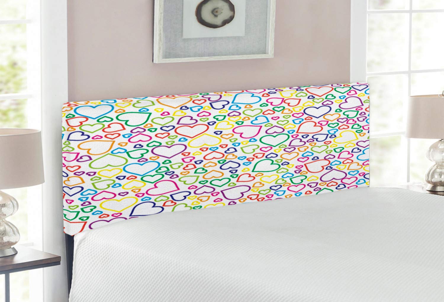 Ambesonne Love Headboard - Upholstered Decorative Metal Bed Frame with Memory Foam, Full Size, Multicolor Pop Art Print | Doodle Style Romantic Bedroom Decor for Couples & Master Bedrooms