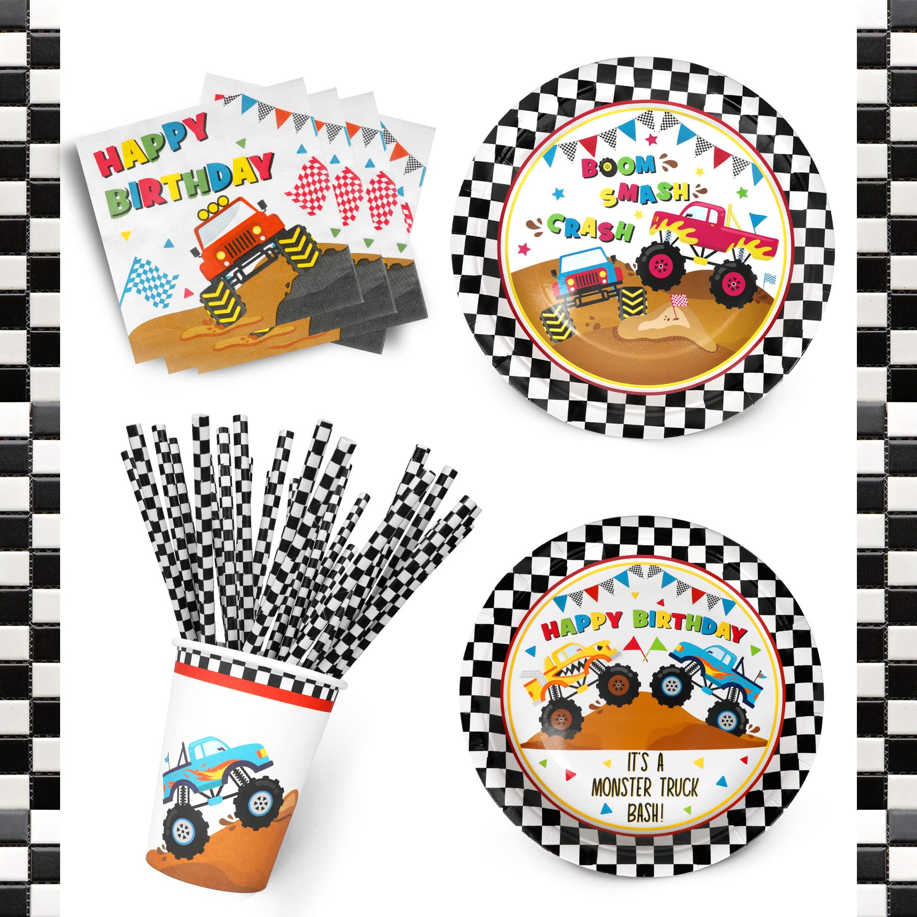 Monster Truck Party Supplies Decorations - 120 Pcs Kids Birthday Party Set with Paper Plates, Napkins, Cups & Straws for 24 Guests | Disposable Dinnerware for Dessert & Snacks | Perfect for Monster Truck Themed Birthday Parties & Kids Events