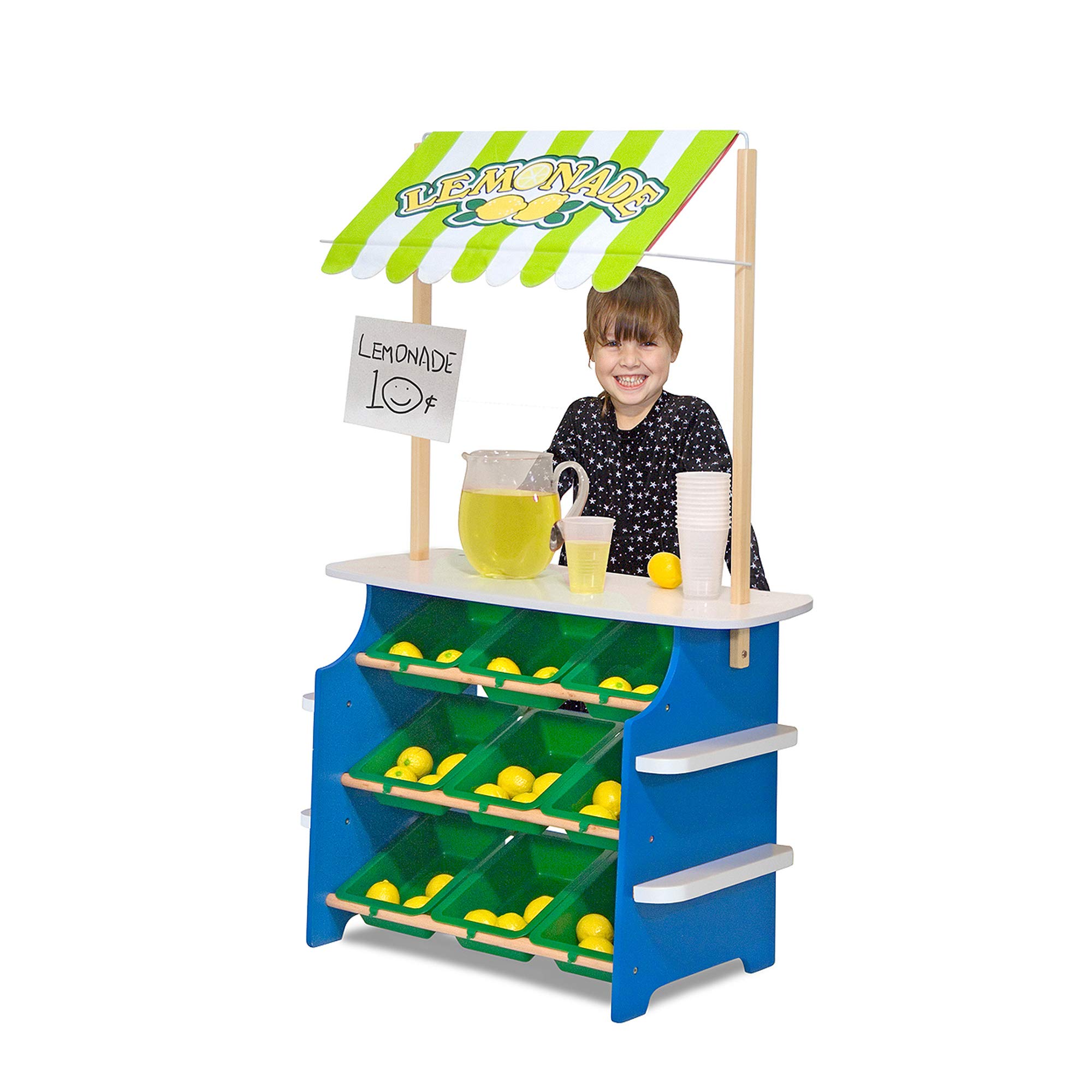 Melissa & Doug Wooden Grocery Store & Lemonade Stand Playset - Reversible Awning, 9 Storage Bins, Chalkboard Signs - Pretend Play Toy for Kids Ages 3+ (Perfect for Role Play, Birthday Gifts & Classroom Activities)
