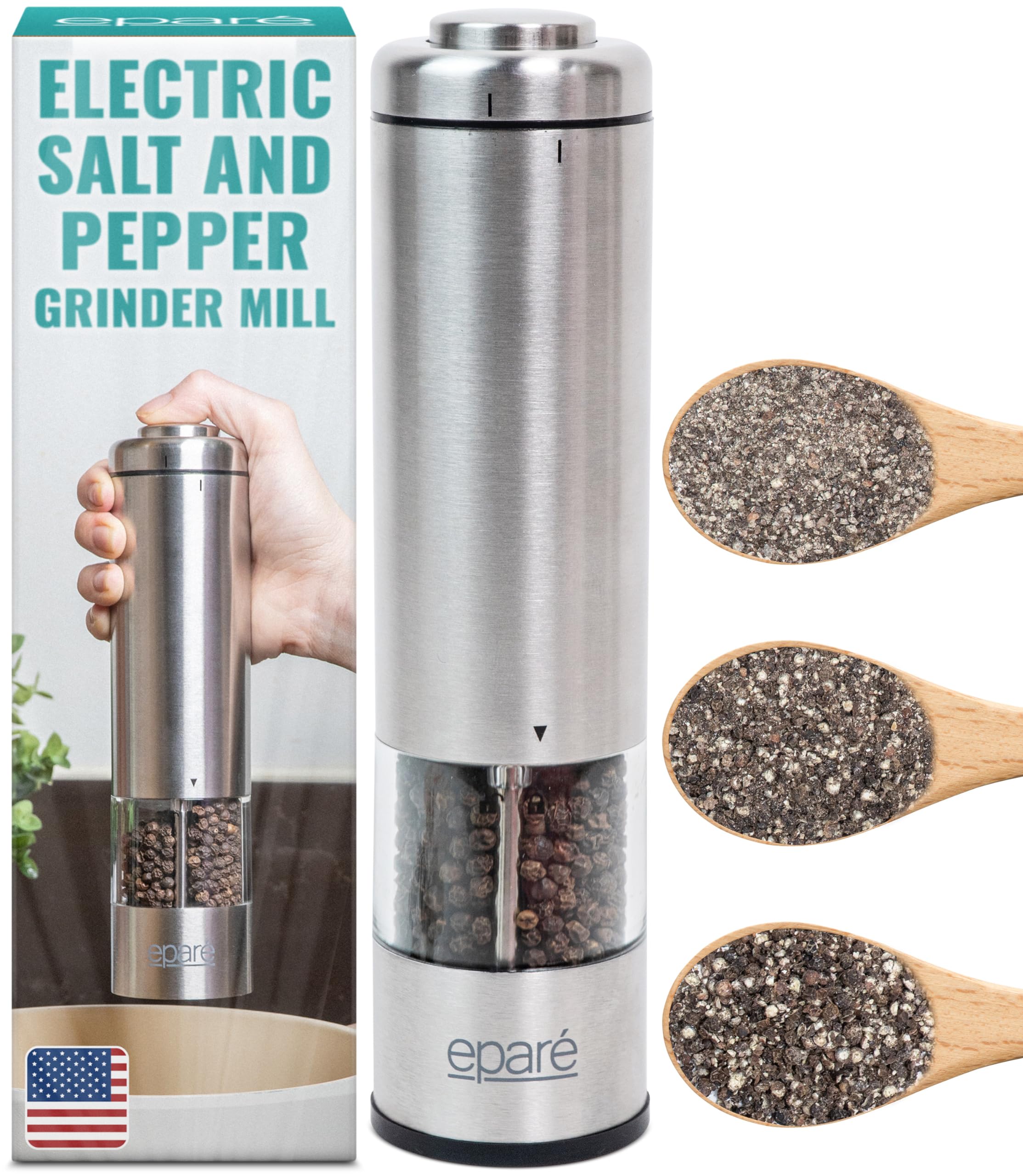 Eparé Electric Salt and Pepper Grinder with LED Light - Battery Powered Automatic One-Handed Mill - Adjustable Ceramic Burr & Refillable Stainless Steel Shaker - Perfect for Kitchen, Dining, Camping, and Gifting