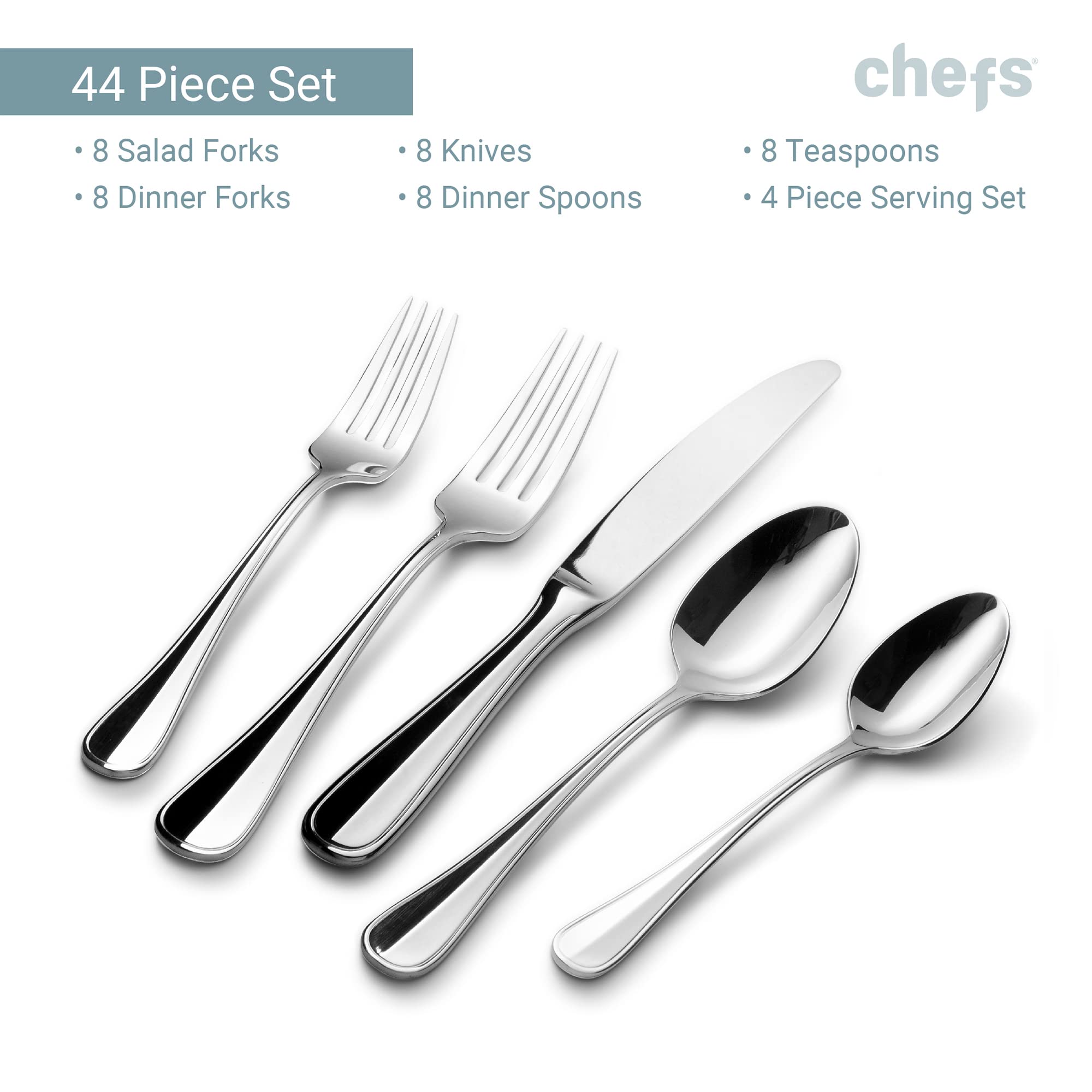 Premium CHEFS Flatware Set - 44-Piece Stainless Steel Cutlery for 8 People, Elegant Calais Design - Perfect for Dinner Parties, Weddings & Upscale Dining