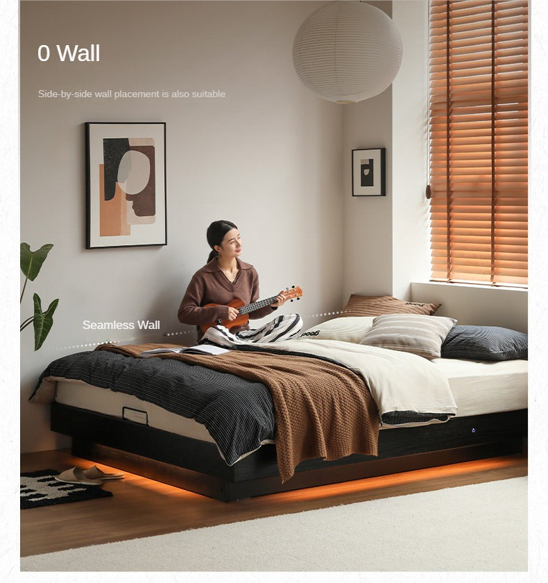 Solid Oak Wood Floating Box Platform Bed Frame - No Headboard Modern Minimalist Design for Bedroom, Guest Room, or Studio Apartment