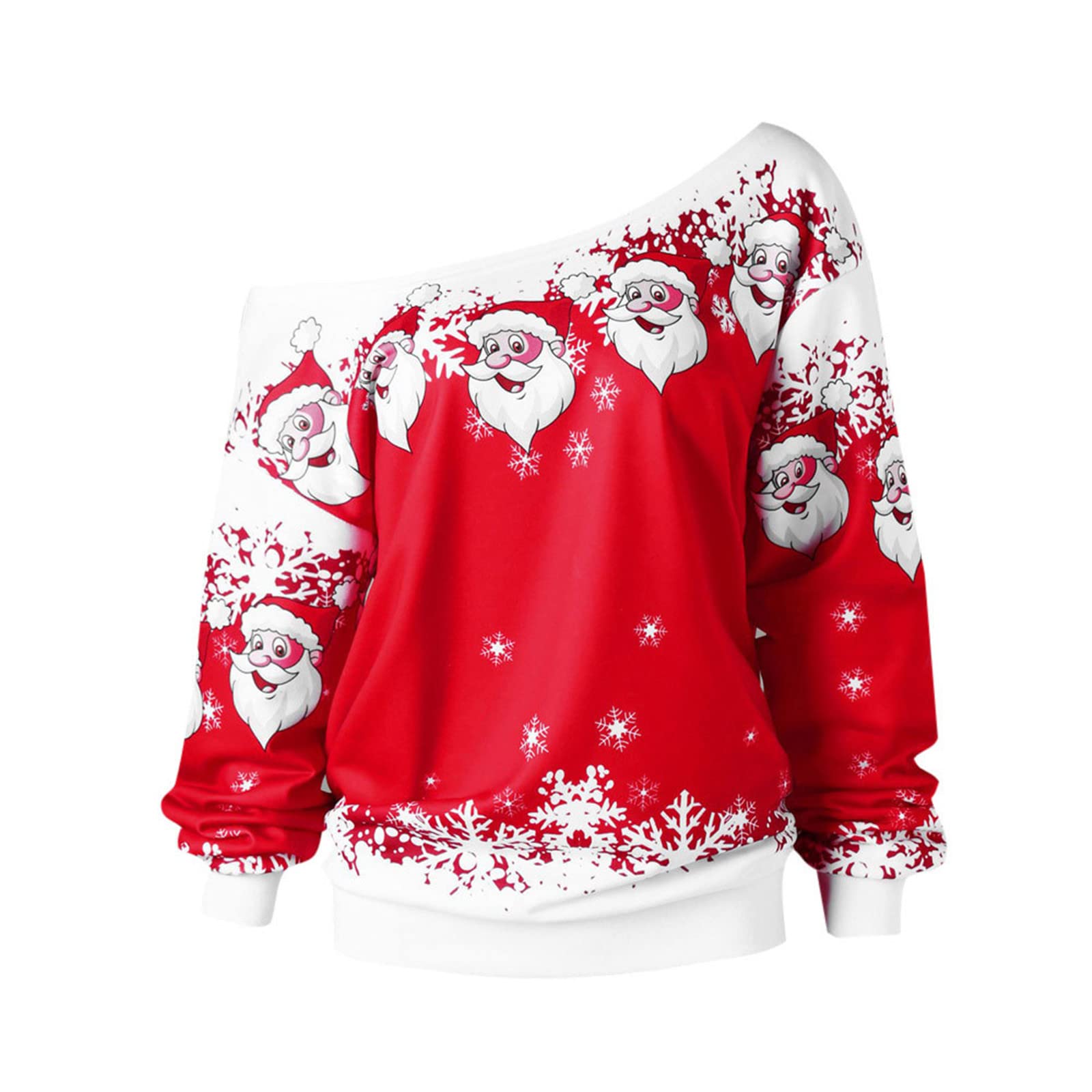 Women's Christmas Shirts - Santa Claus Print Off The Shoulder Long Sleeve Pullover Blouse | Casual Holiday Tee for Christmas Parties & Family Gatherings