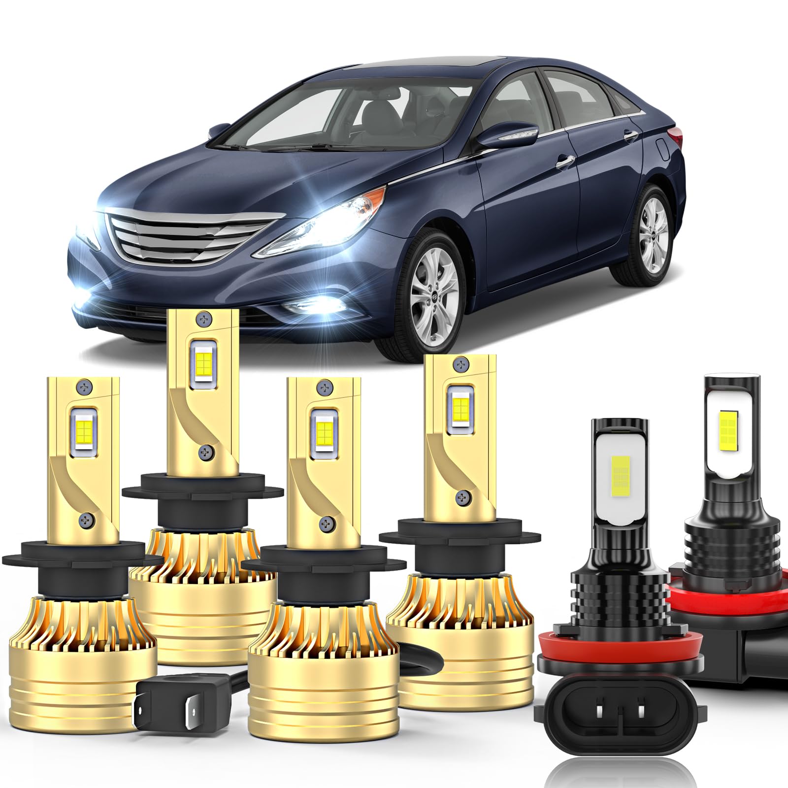 2011-2014 Hyundai Sonata LED Headlight Bulbs Kit - H7 High/Low Beam & H8 Fog Lights - 500% Brighter 6000K White - Plug & Play (6 Pack) - Perfect for Night Driving & Foggy Conditions