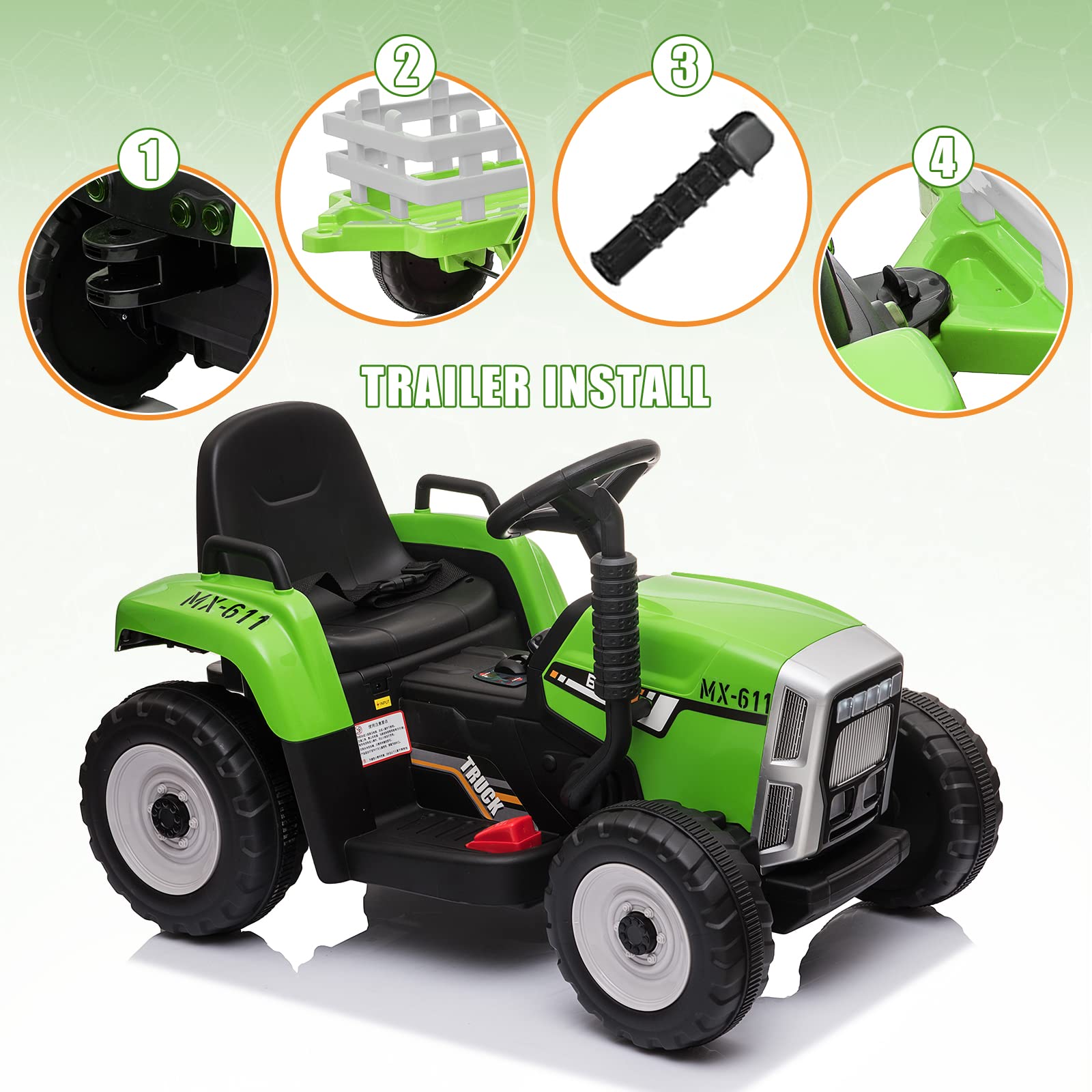 SEHOMY 12V Kids Electric Ride-On Tractor with Trailer - 25W Dual Motor Battery-Powered Toy Car with Parent Remote Control, 3-Speed Gear Shift, LED Lights & Music - Green Power Wheels for Boys & Girls | Outdoor Play, Backyard Fun, Birthday Gift for Toddlers Ages 2-5 Years